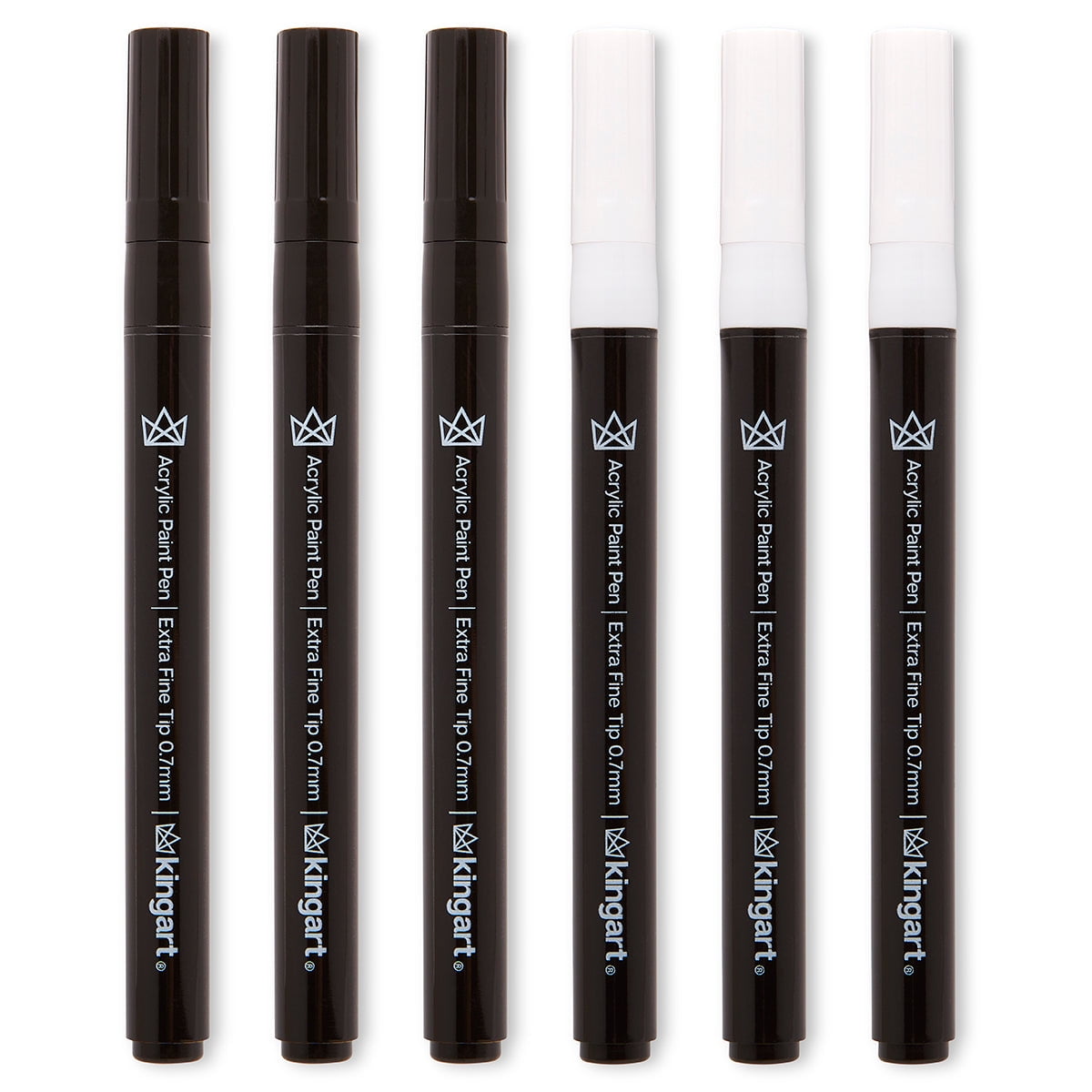 KINGART&reg; PRO Extra Fine Point Acrylic Paint Pen Markers, Black & White, Set of 6 (3 each)