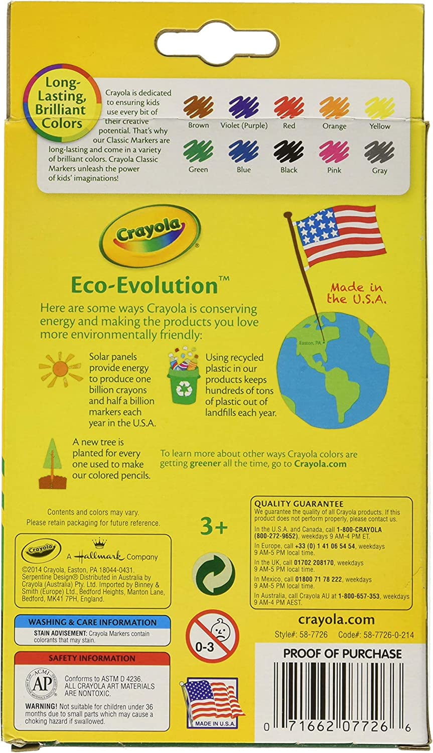 Crayola Line Markers, Fine Point, Assorted Colors, 10 Count