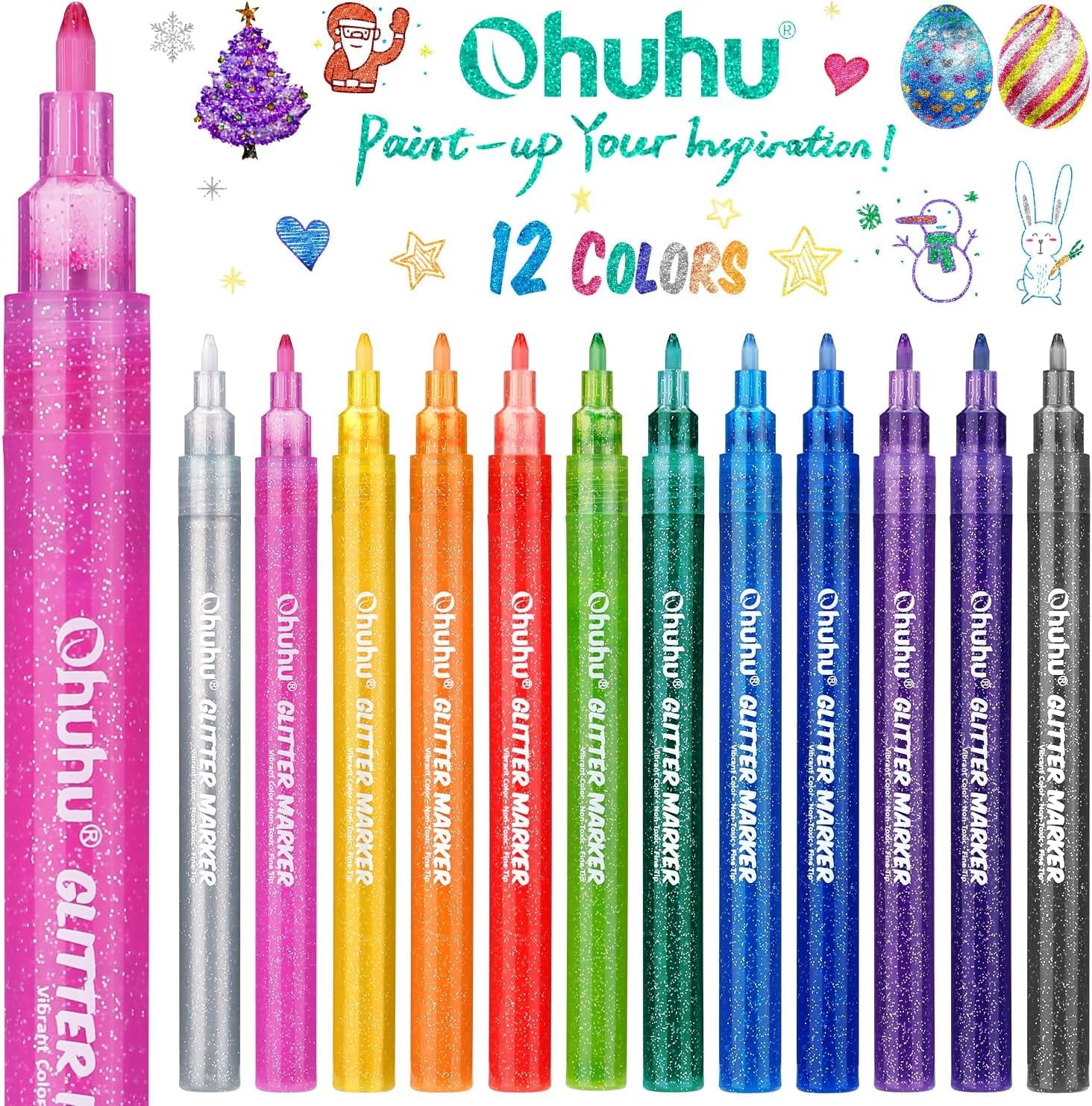 Ohuhu Glitter Markers, 12 Metallic Colors, Fine Tip, Water-Based Ink, for DIY Crafts