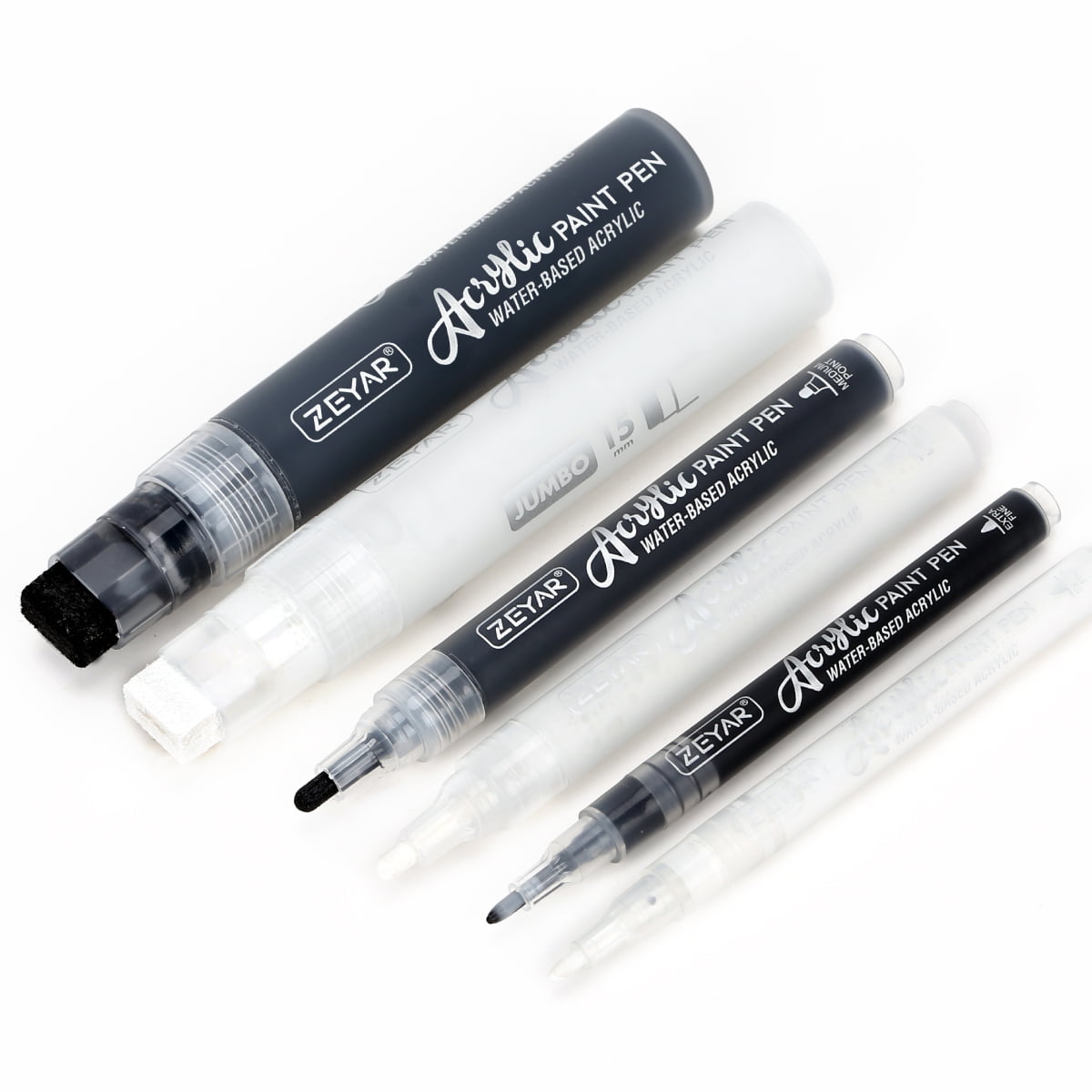 ZEYAR Acrylic Paint Marker Pens, Black & White Colors, 3 Different Point Size per Pack: Extra Fine(0.7-1mm), Medium Bullet Point(2-3mm),Jumbo Felt Tip(10-15mm) (Black & White, Extra fine,Medium,Jumbo)