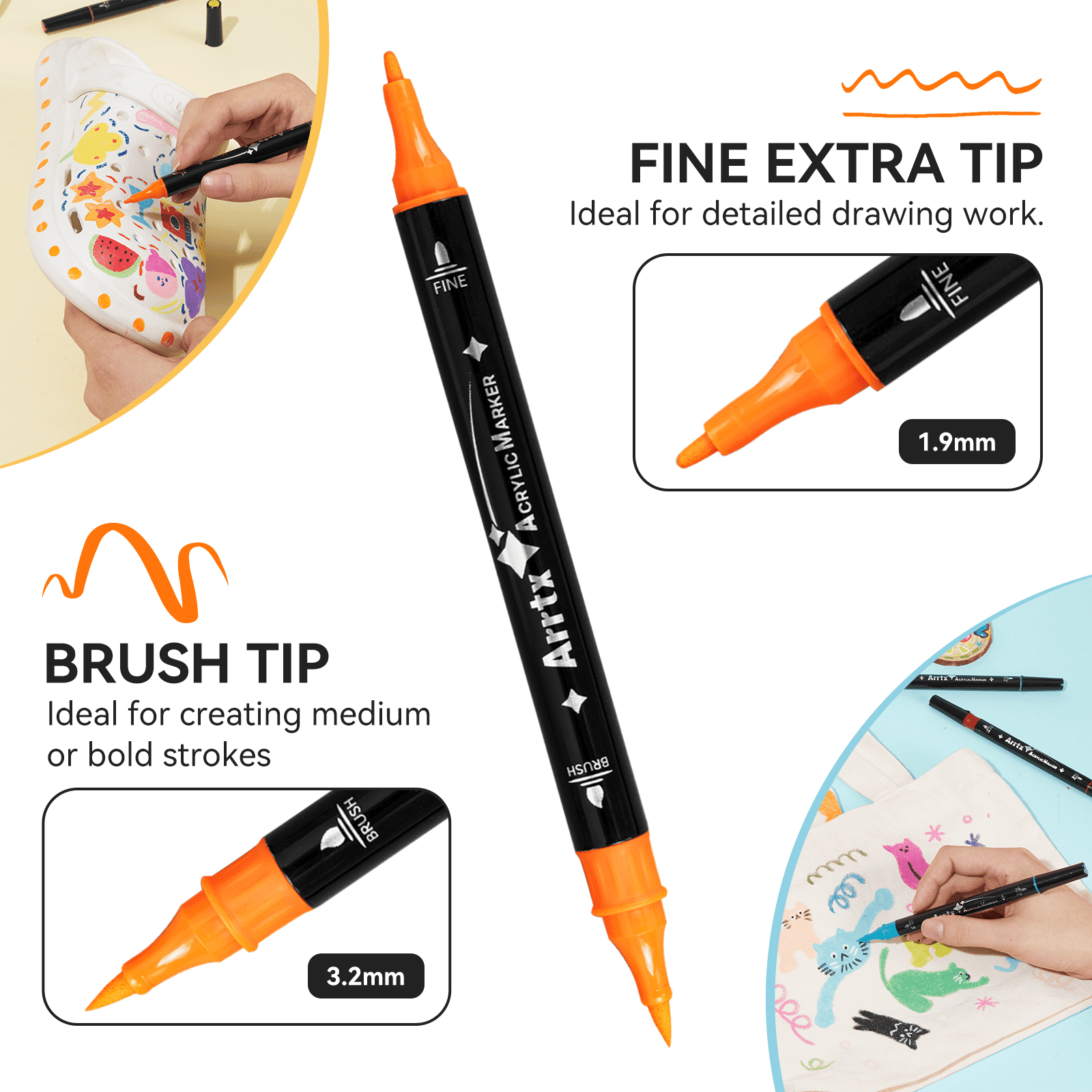 Arrtx Acrylic Paint Pens, 64 Colors Fine Tip and Brush Tip Markers, Water-based Acrylic Paint Markers for Rock Painting, Ceramic, Glass, Wood, Fabric, Canvas, DIY Craft, Art Supplies