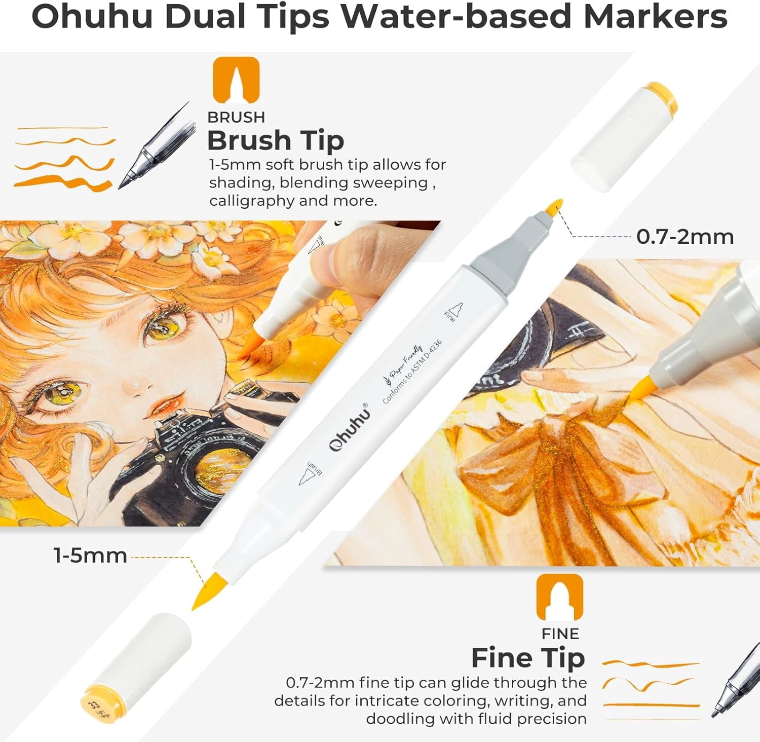 Ohuhu 60 Colors Dual Tip Water-Based Markers, Brush & Fine, No Bleed, Paper-Friendly for Adults