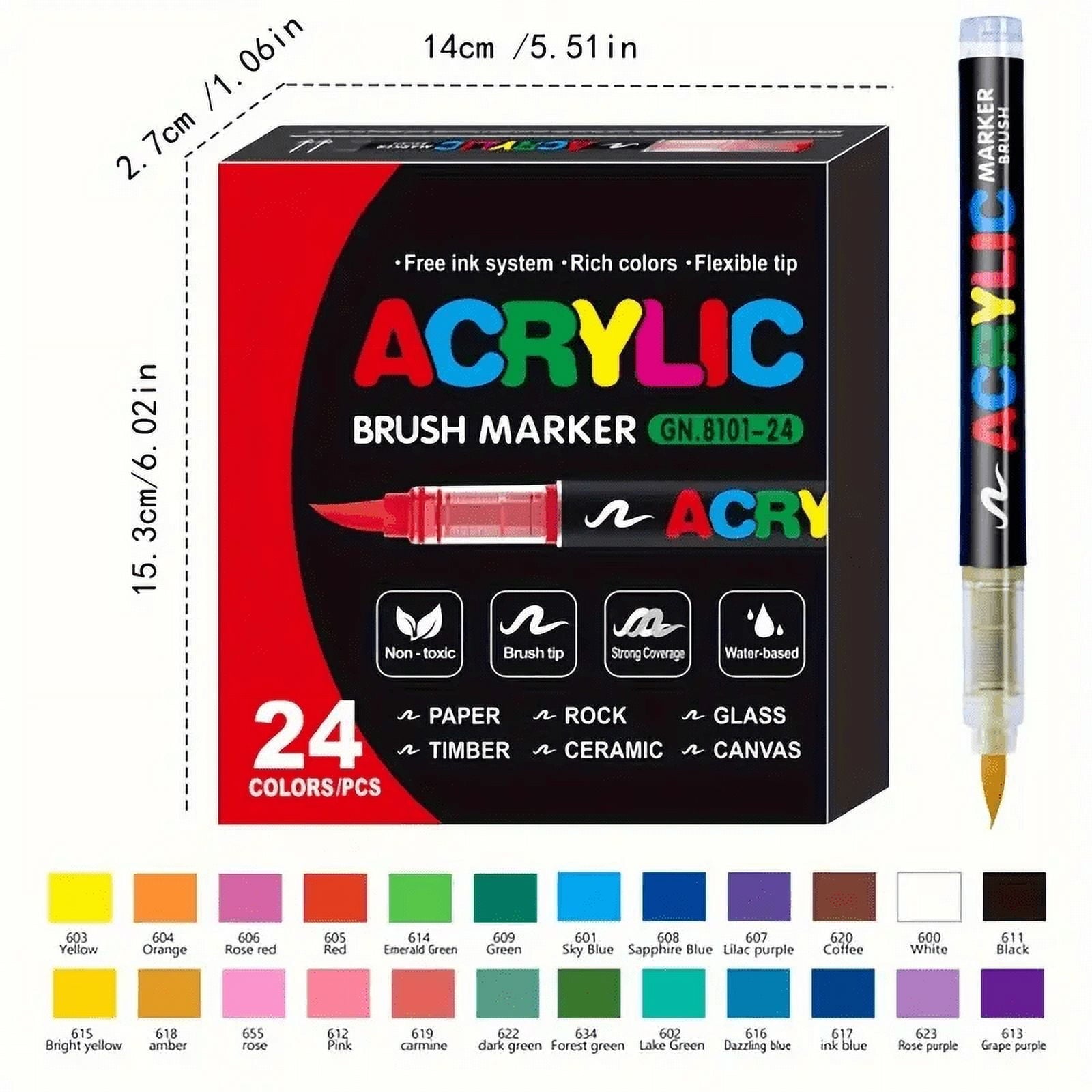 24 Colors Acrylic Paint Markers,Direct Liquid Soft Brush Tip Paint Pens and Paint Markers,Acrylic Paint Pens for Wood,Stone,Canvas,Glass,Fabric,Egg,Rock Painting and DIY Crafts Art Supplies