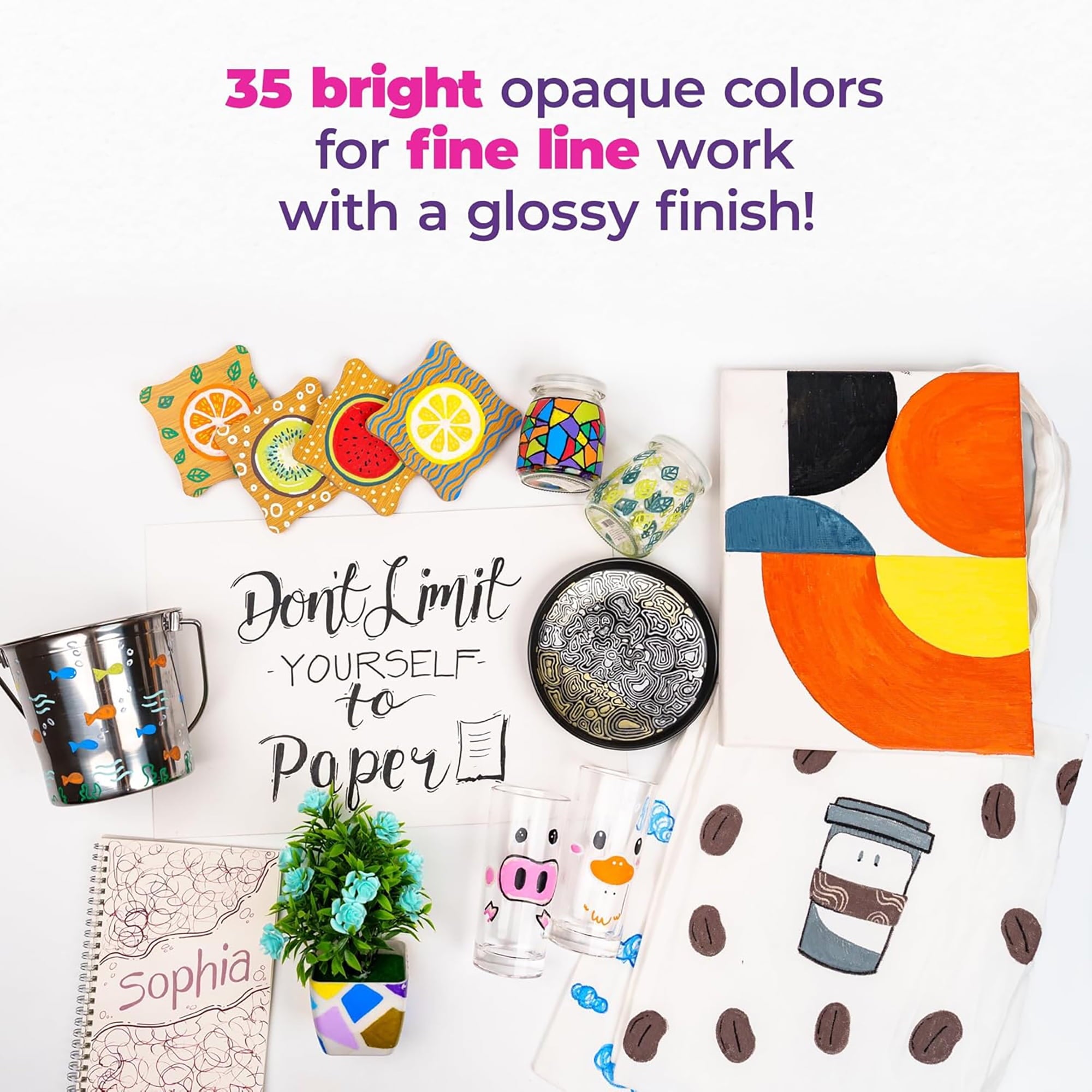 Pintar: Acrylic Paint Markers - Fine Tip 1mm, 35 Pack- Bright Opague Colors, Glossy Finish, Japanese Ink Multi-Surface Pens, Premium Art Supplies