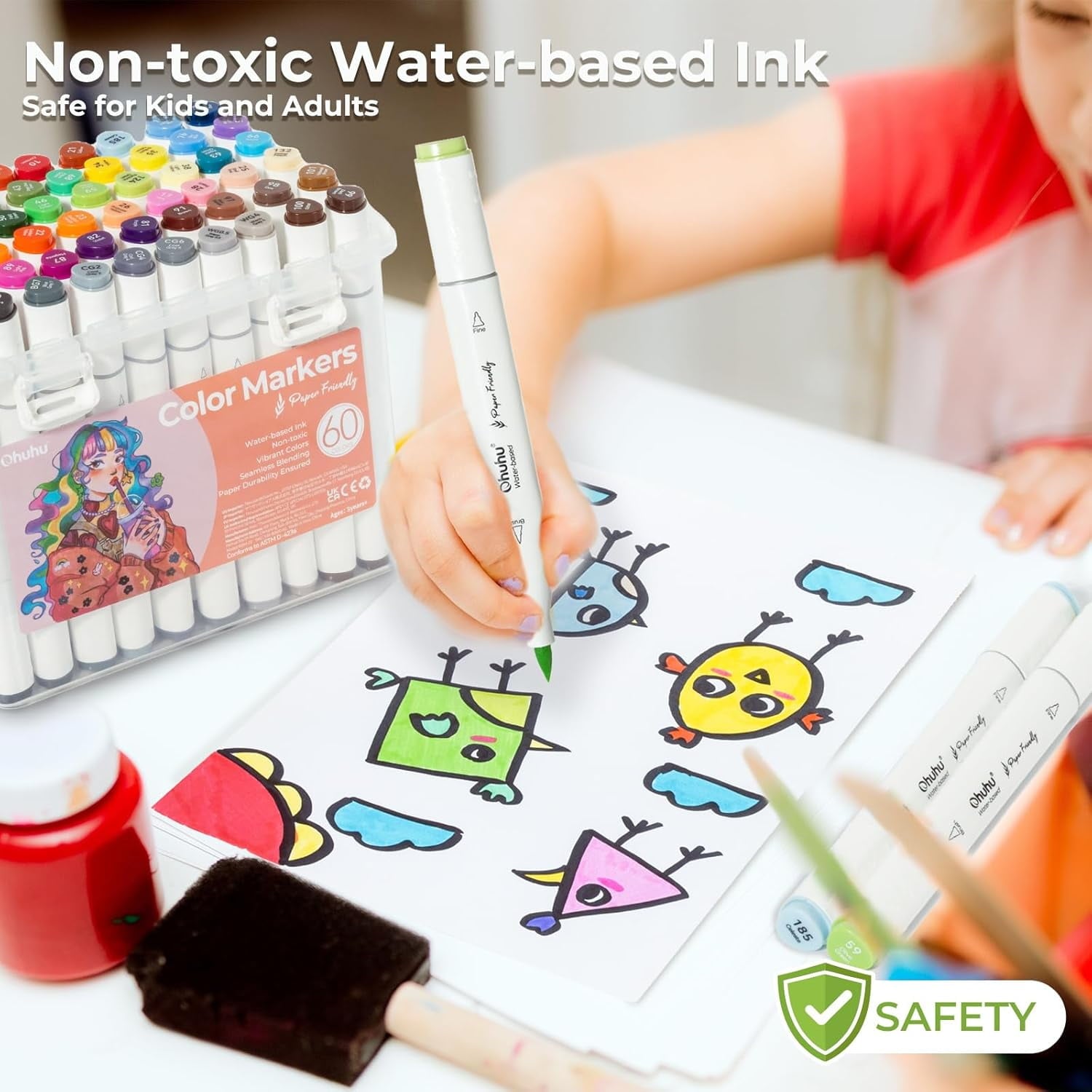 Ohuhu 60 Colors Dual Tip Water-Based Markers, Brush & Fine, No Bleed, Paper-Friendly for Adults