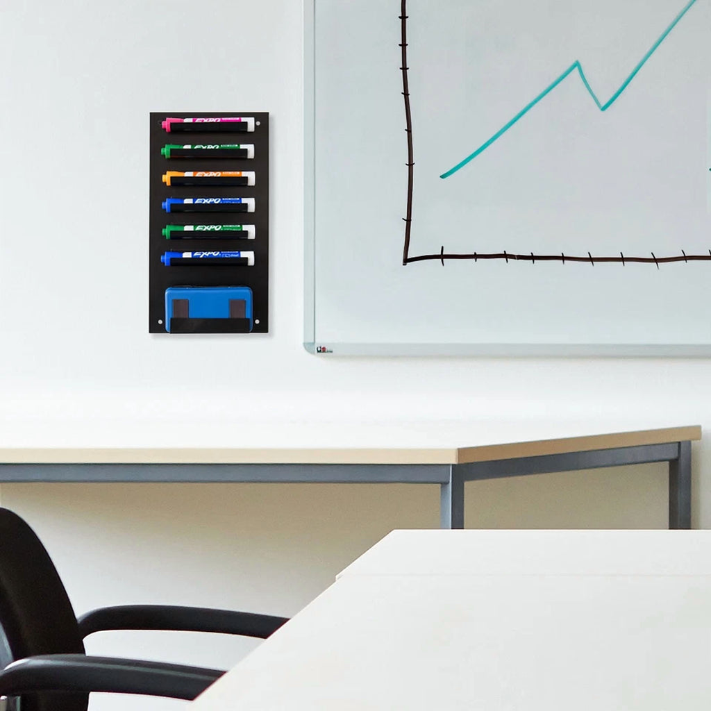 6-Slot Wall Mounted Metal Dry Erase Marker & Eraser Vertical Storage, Black