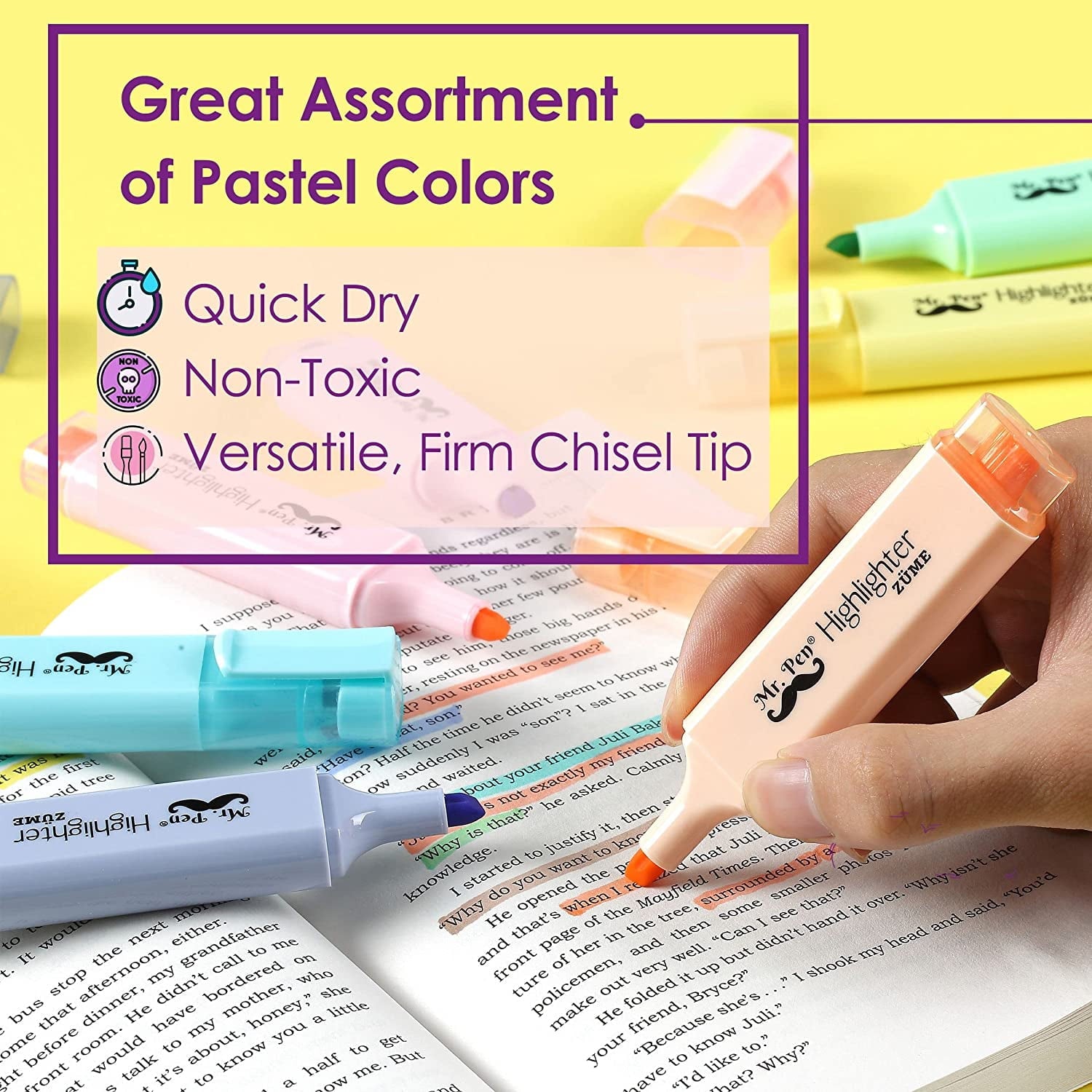 Mr. Pen No Smear Highlighters, Chisel-Point, Assorted Colors, 8 Count