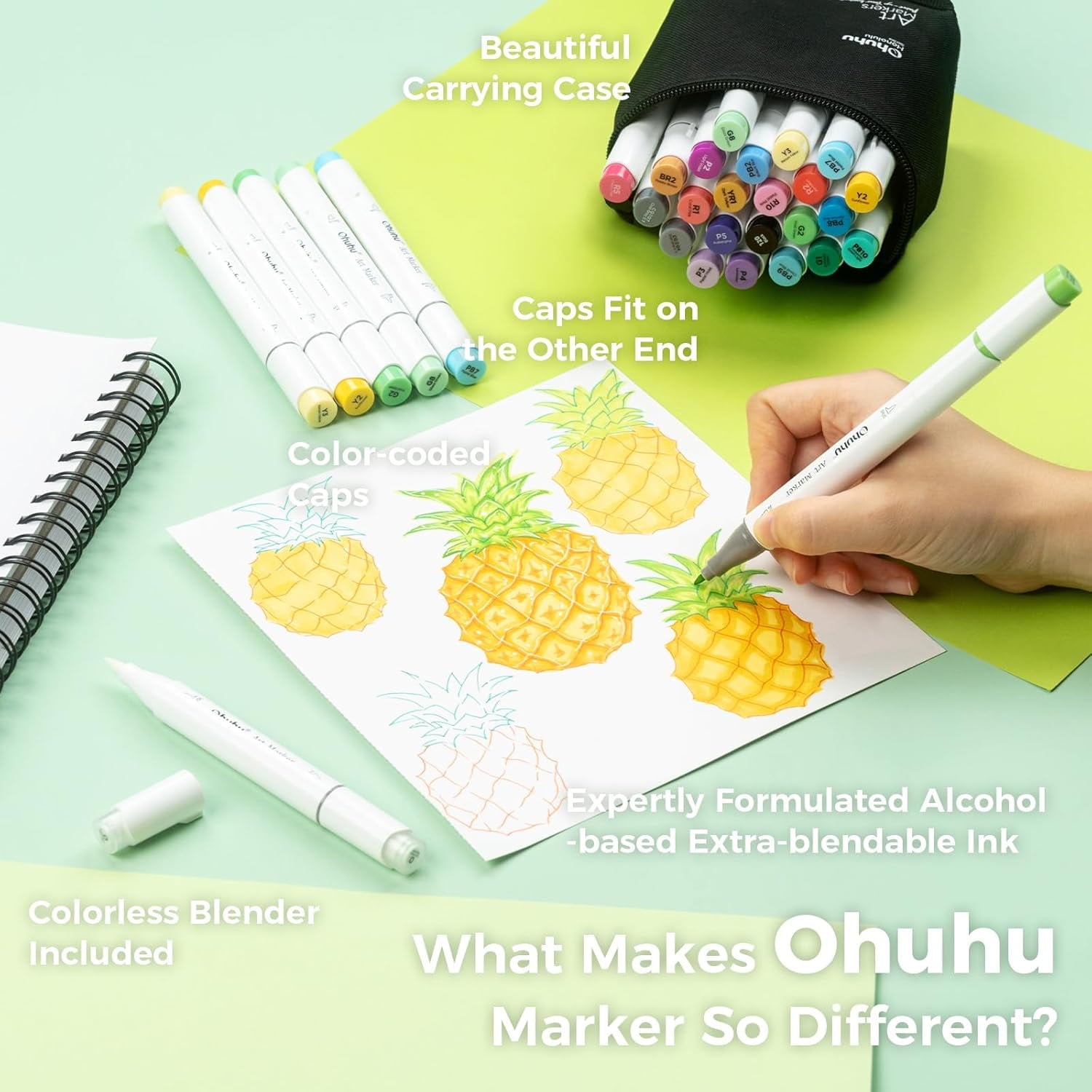 Ohuhu 24 Basic Alcohol Markers, Brush & Fine Tip, with Blender, for Sketching & Illustration, Honolulu B