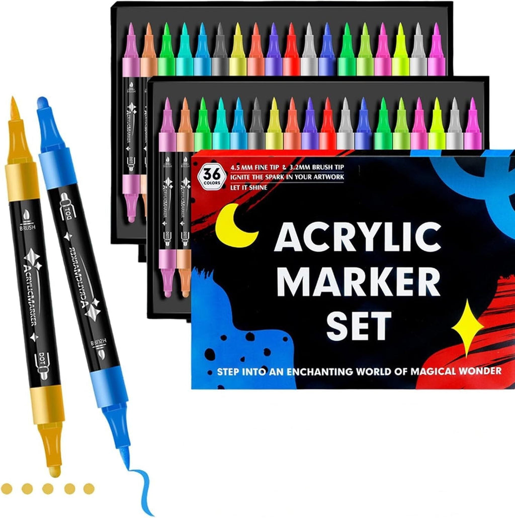36 Count Acrylic Paint Markers Set with Dual Tip, Acrylic Paint Pens for Rock Painting, Ceramic, Wood, Canvas, Plastic, Glass, Stone, Calligraphy, Card Making, DIY Crafts