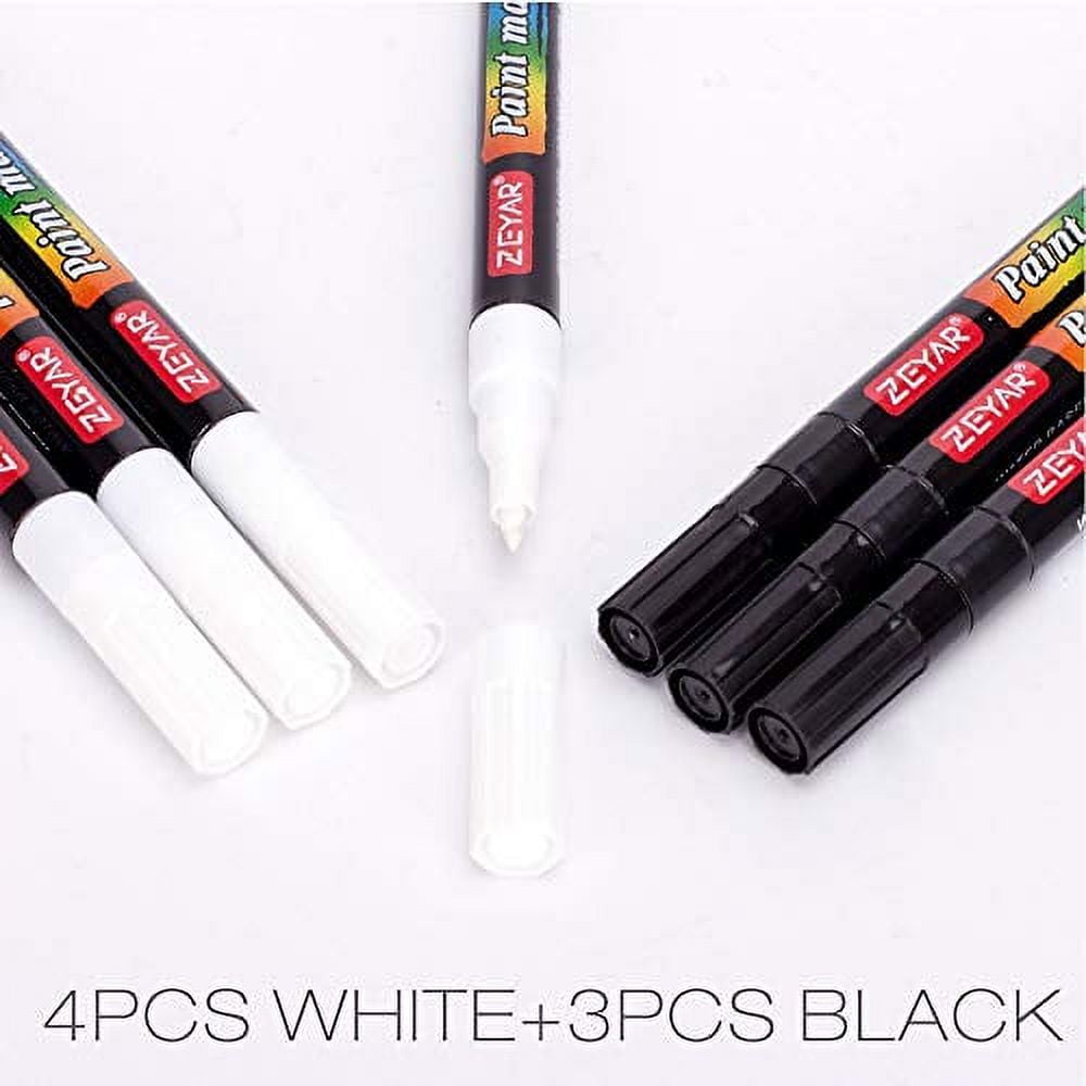 ZEYAR White and Black Acrylic Paint pen, Water Based, Set of 7, Extra Fine Point, Great for Rock Painting, Ceramic, Glass, Wood and smooth surfaces, Opaque ink