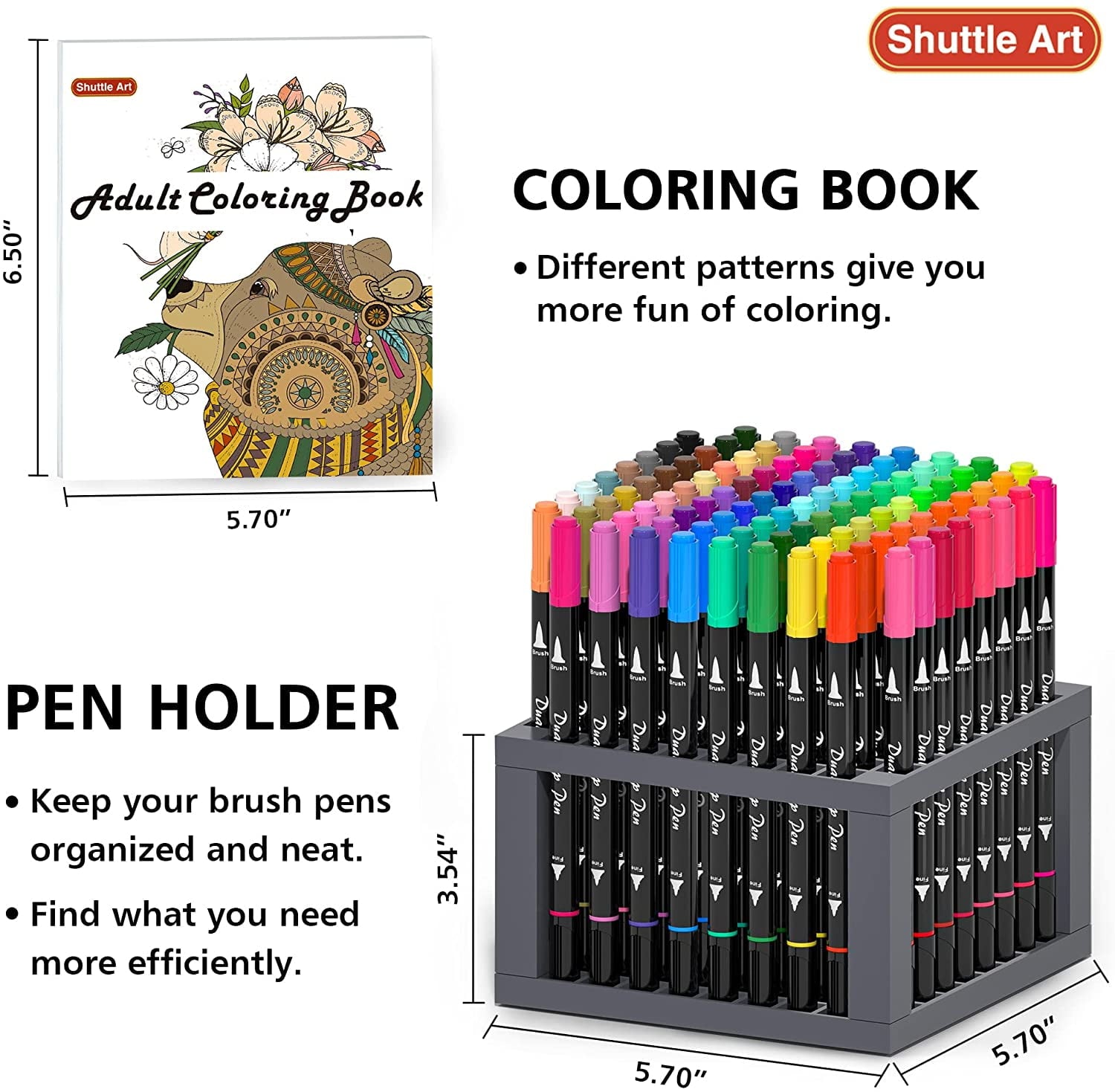 Dual Tip Brush Pens Art Markers, Shuttle Art 96 Colors Fine and Brush Dual Tip Markers Set with Pen Holder and 1 Coloring Book for Adult Artist Coloring