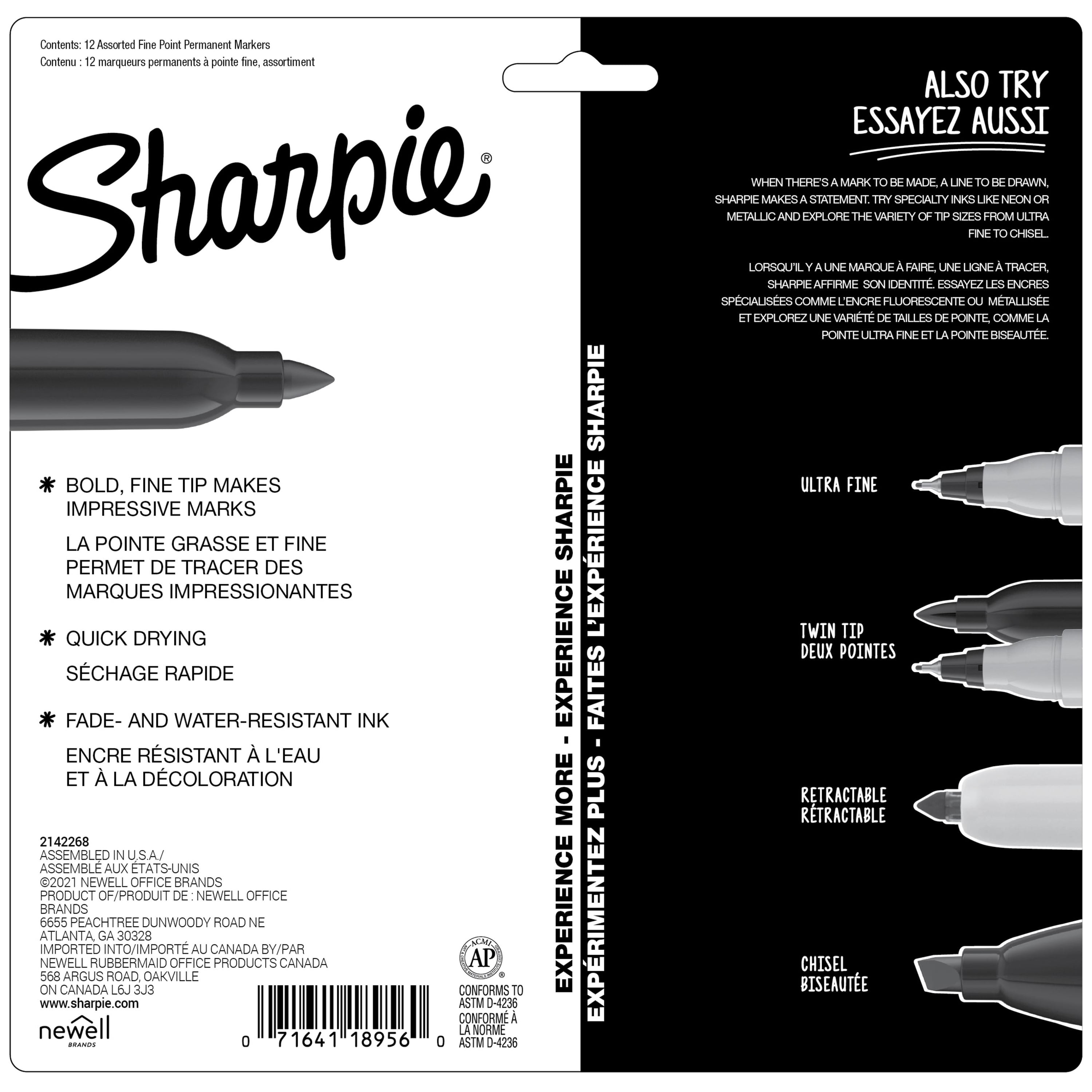 Sharpie Permanent Markers, Fine Point, Assorted Colors, 12 Count