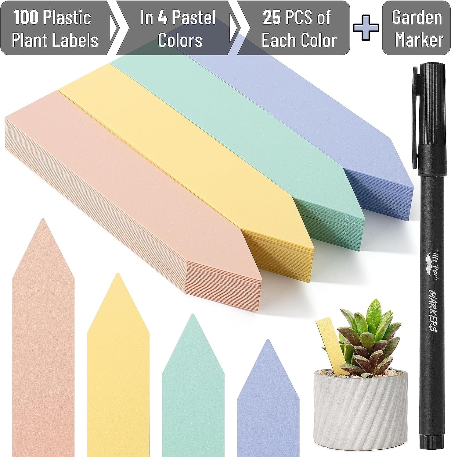 Mr. Pen- Plastic Plant Labels, 100 Pcs, 4“, Pastel Colors Plant Markers, Plant Tags, Garden Labels, Garden Markers, Plant Labels for Outdoor Garden Waterproof, Planting Sticks for Seeds