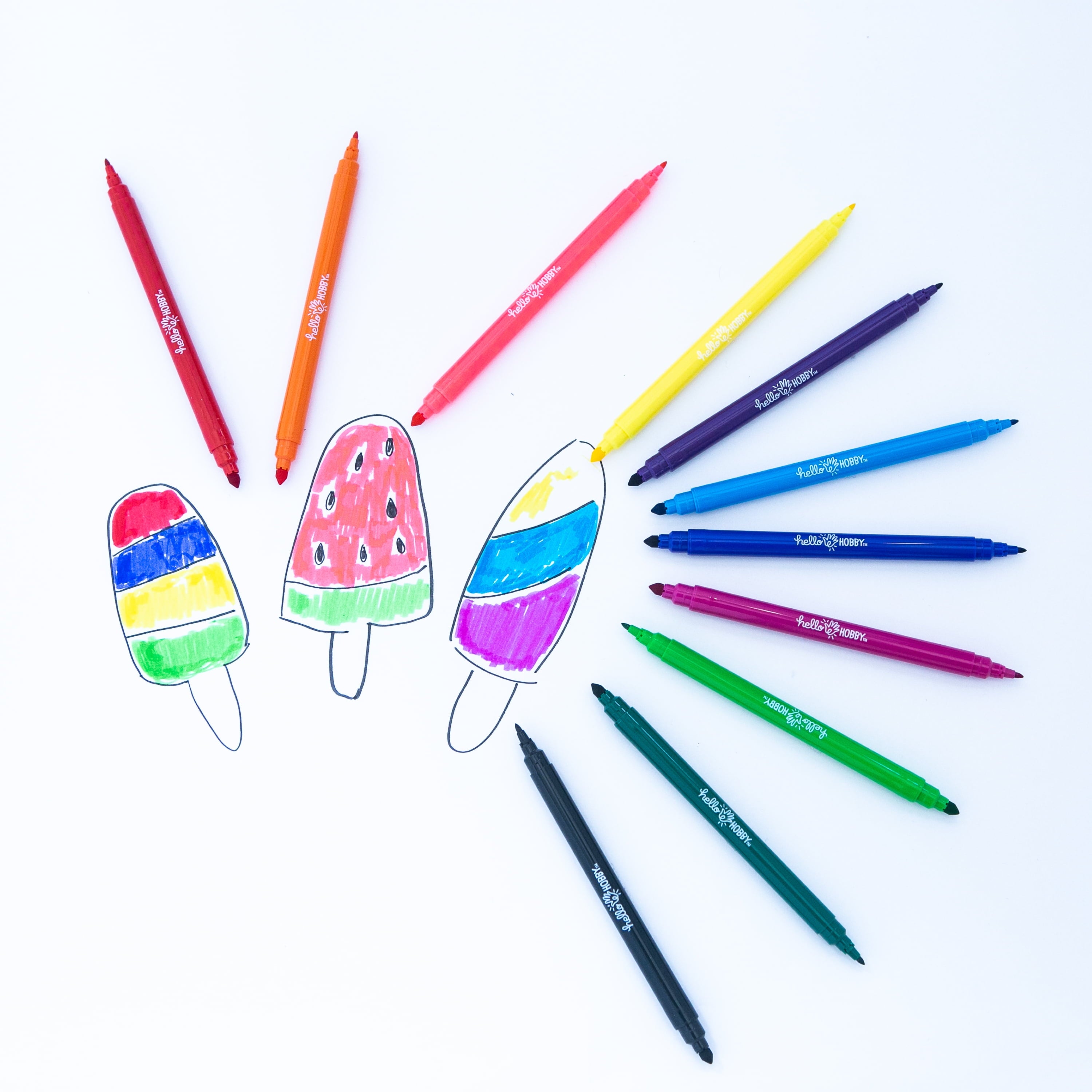 Hello Hobby Washable Dual Tip Markers, Brush and Fine Tips, Assorted Classic Colors, 12 Count