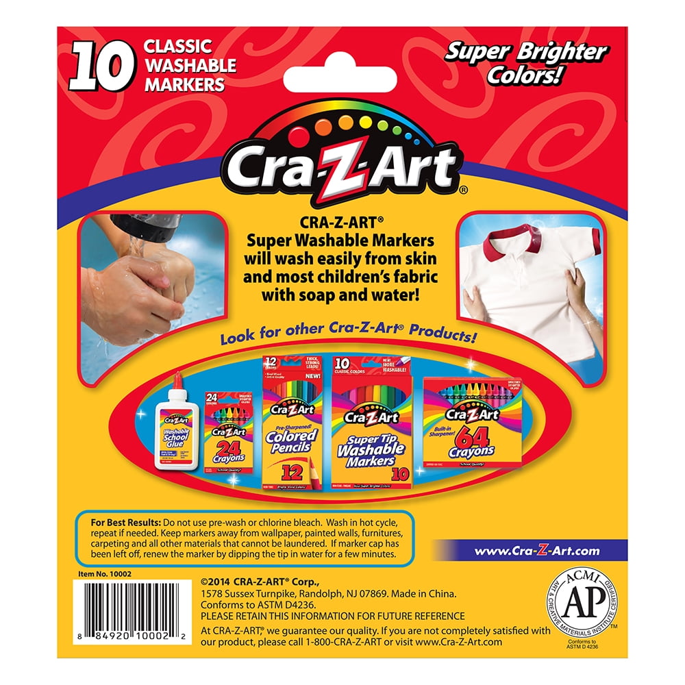 Cra-Z-Art Classic Multicolor Broad Line Washable Markers, 10 Count, School Supplies