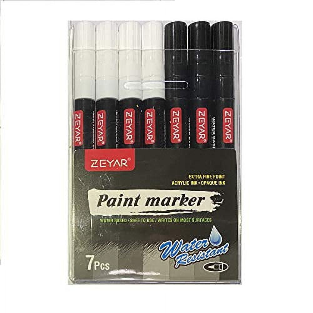ZEYAR White and Black Acrylic Paint pen, Water Based, Set of 7, Extra Fine Point, Great for Rock Painting, Ceramic, Glass, Wood and smooth surfaces, Opaque ink