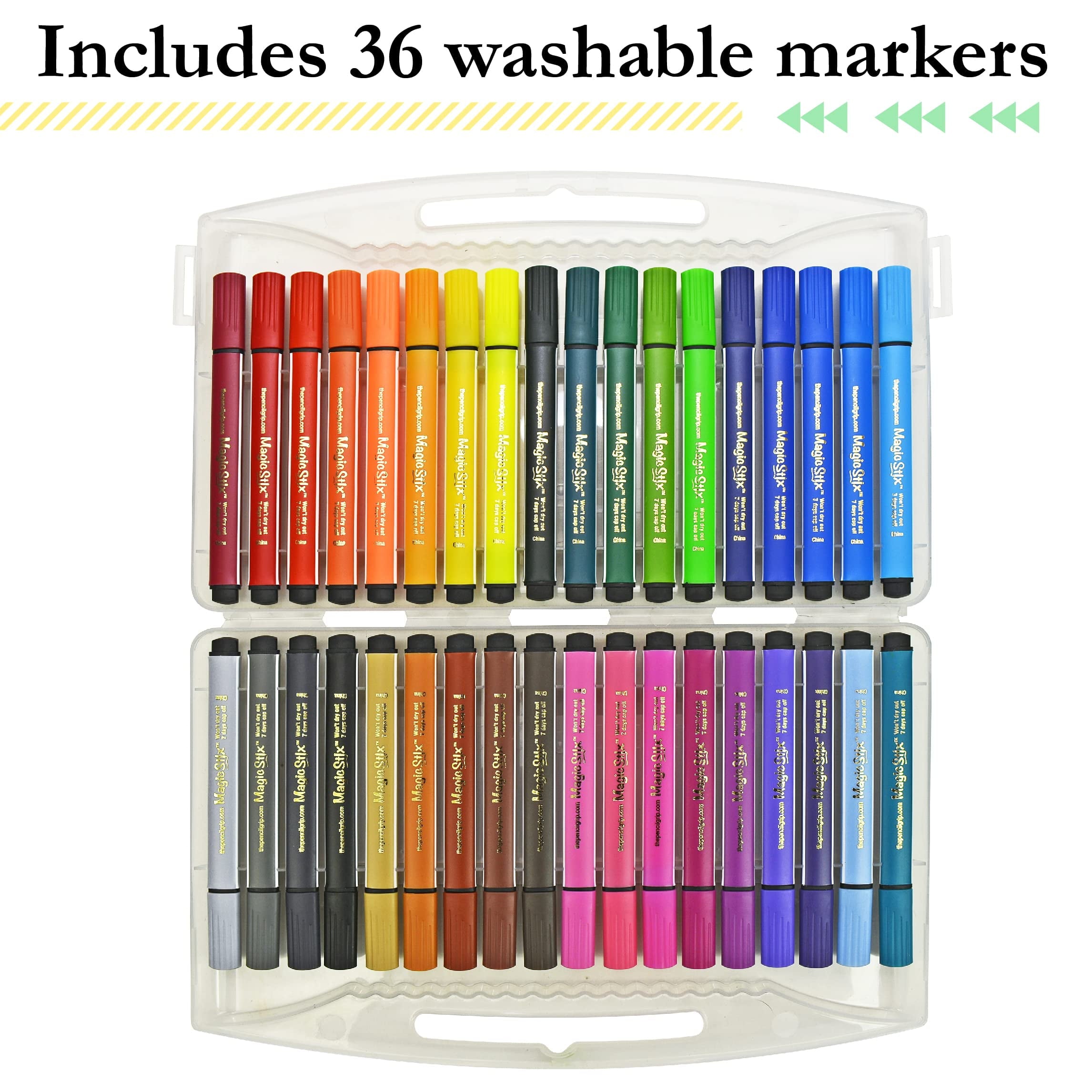 The Pencil Grip Magic Tri Stix Washable Markers, 36 Count, Assorted Colors, Non-Toxic, Triangular Grip (TPG-399)