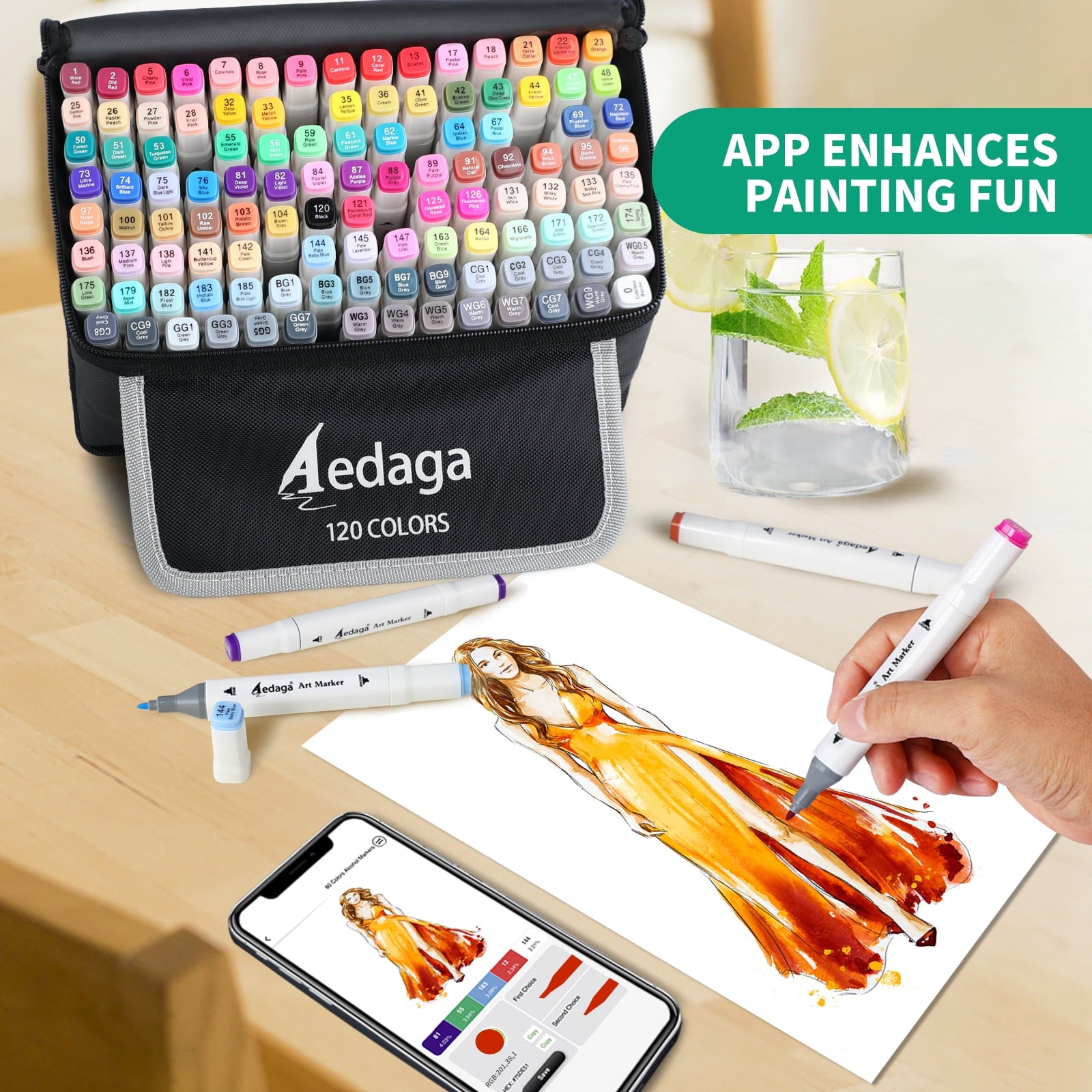 AEDAGA 120 Colors Alcohol Markers with Free App, Dual Tip Art Markers with Kickstand Case for Artists Adults and Kids. Alcohol Based Markers for Coloring Painting Sketching and Drawing, Great Gift.