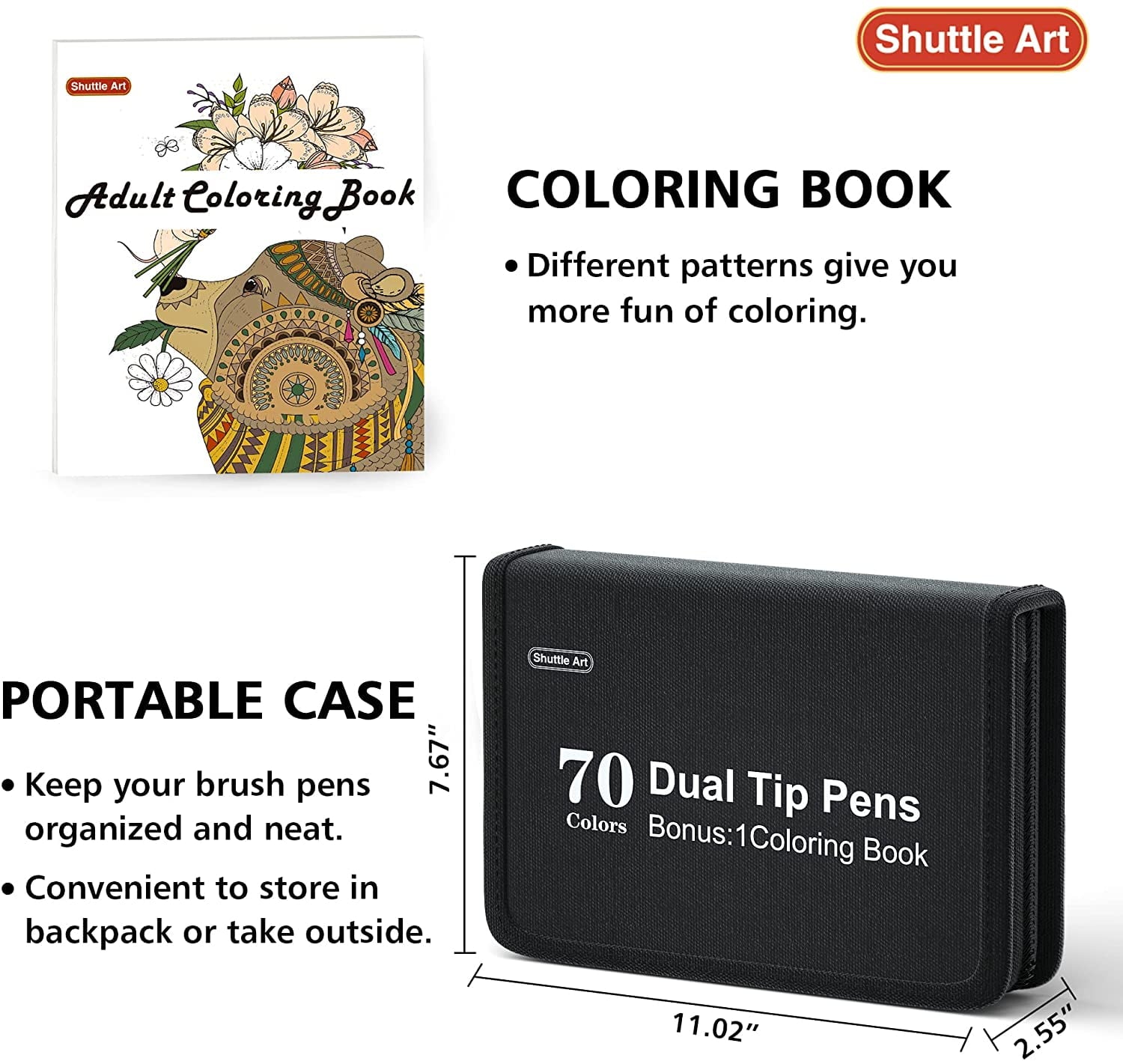 Dual Tip Brush Pens Art Markers, Shuttle Art 70 Colors Fine and Brush Dual Tip Markers Set in Portable Case with 1 Coloring Book for Adult Artist Coloring