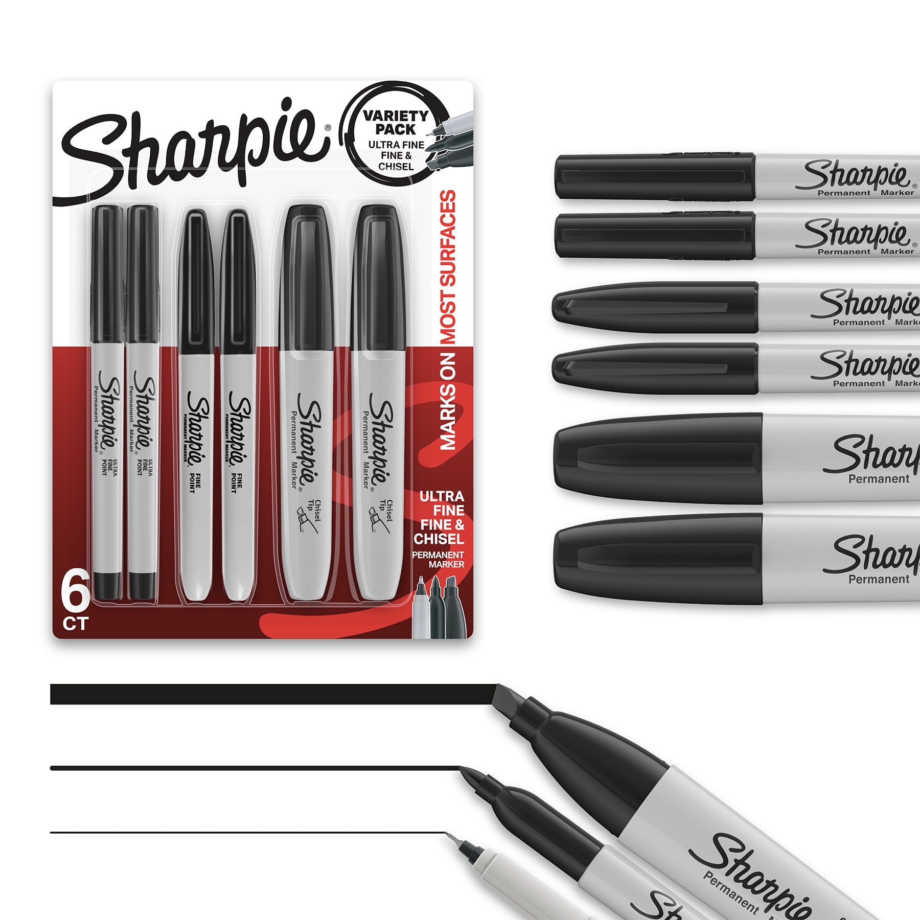 Sharpie Permanent Markers, Multi-Tip Pack, Fine/Ultra Fine/Chisel Tip, Black, 6 Count