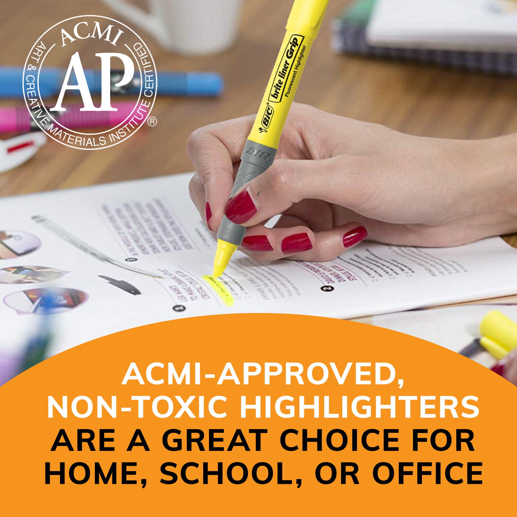 BIC Brite Liner Grip Yellow Highlighter, Chisel Tip, Yellow, Non-Toxic, 5-Pack