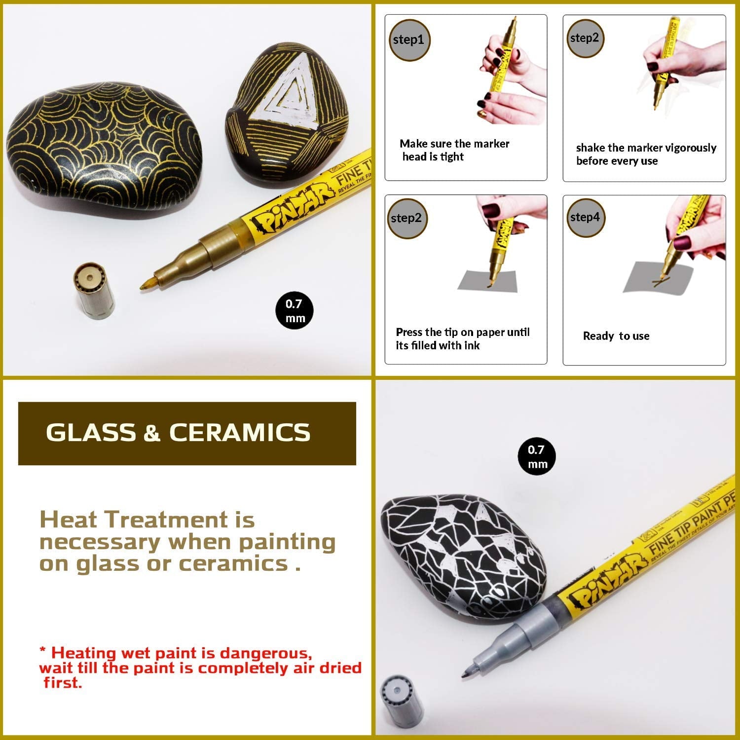 PINTAR Premium Acrylic Paint Pens - 3 Gold & 3 Silver(6-Pack) Extra Fine Tip(0.7) Rock Painting, Ceramic Glass, Wood, Paper, Fabric, Water Resistant Paint Set, Surface Pen, Craft Supplies, DIY Project