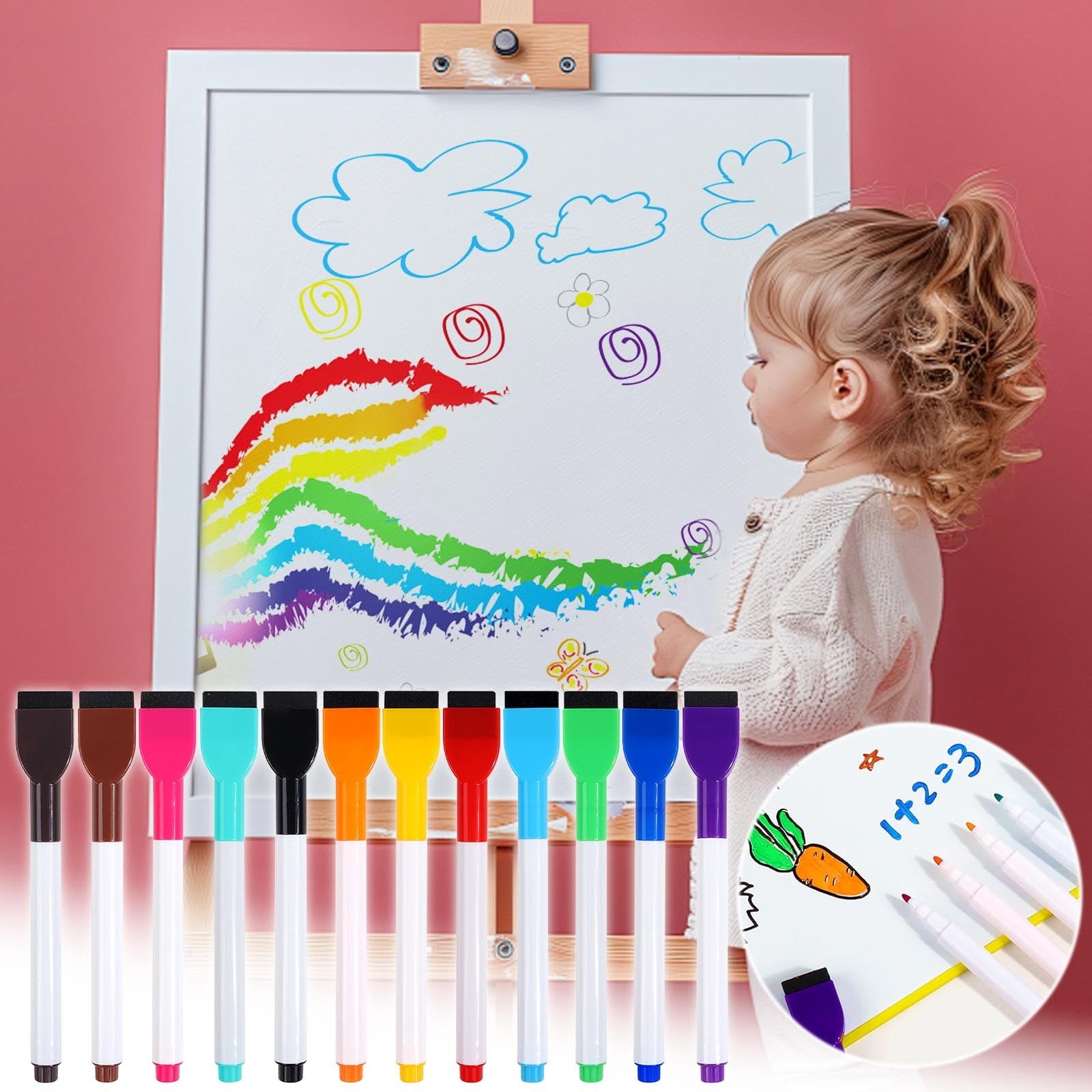 IGEED Magnetic Whiteboard Markers,Fine Tip Dry Erase Markers with Eraser,White Board Marker with Eraser Cap,Low Odor Thin Markers for Calendar Boards,Assorted Bright Colors