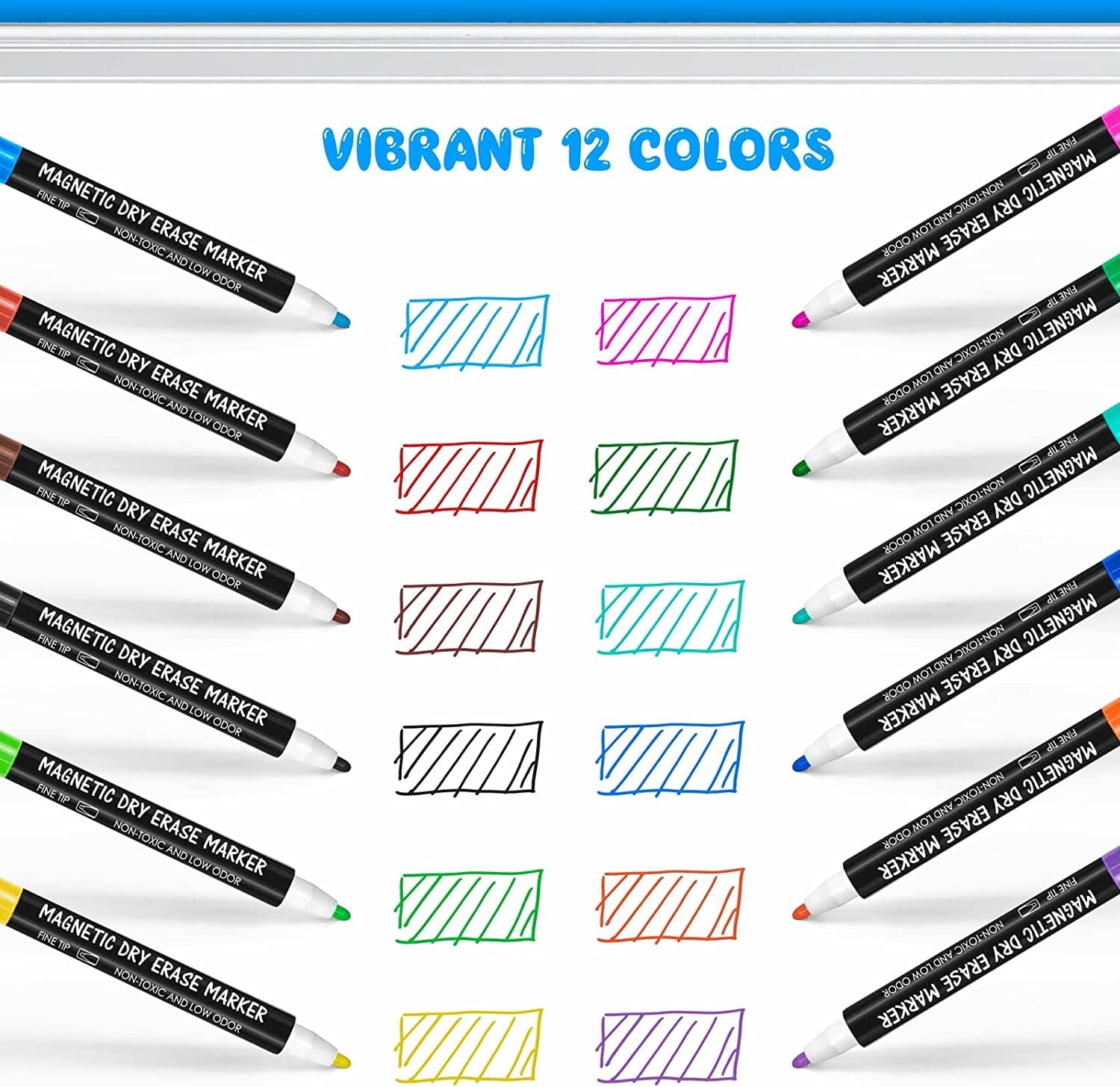 Maxtek Magnetic Dry Erase Markers with Eraser,Fine Tip,Assorted Colors,12 Count,1-2mm Fine Point Whiteboard Marker for Office Supplies,Calendar Boards