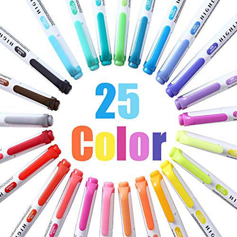 Highlighters Double Ended Mild 25 color Highlighters Fluorescent Marker pen for Coloring Underlining Highlighting Broad and Fine Tips Assorted 25 Colors set