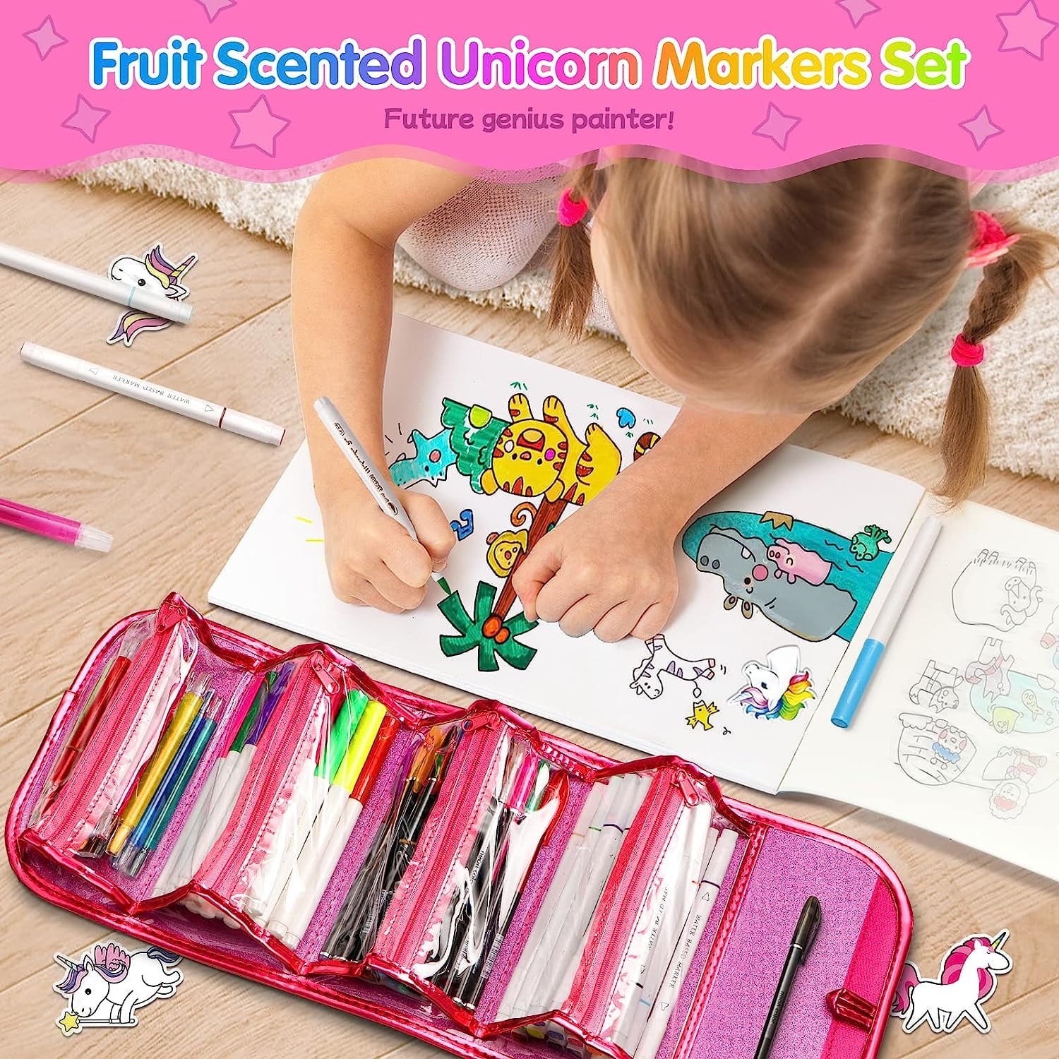 Huge Wave 45 Piece Fruit Scented Markers Set for Girls, with Unicorn Pencil Case, Art Supplies Birthday Gift for Kids Ages 4-9 Years Olds