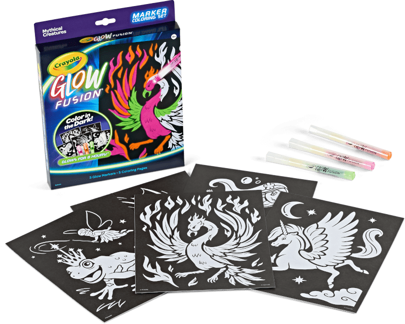 Crayola Glow Fusion Mythical Creatures, Glow in The Dark Coloring Set, Dragon Craft Set, Gift for Boys and Girls
