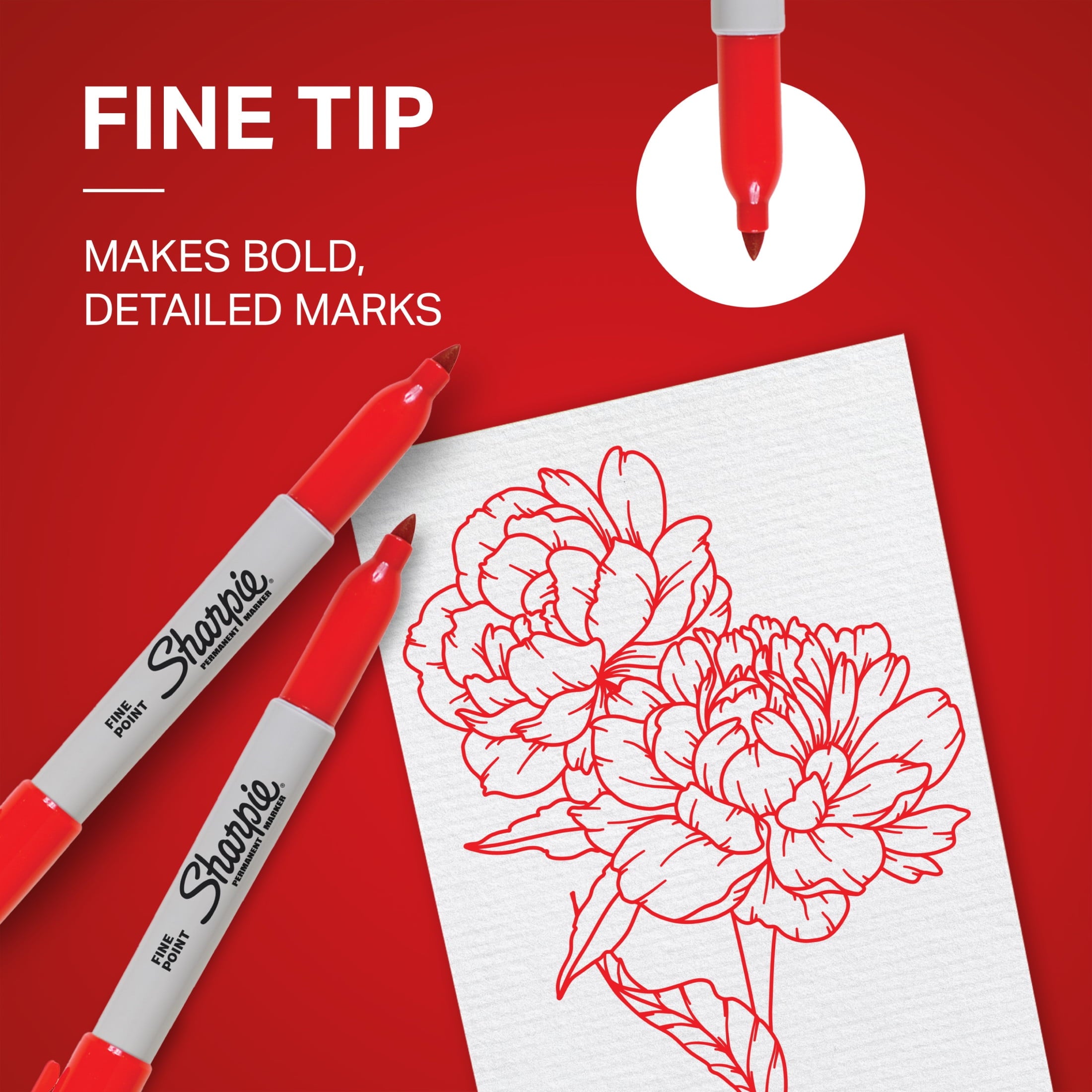 Sharpie Permanent Markers, Fine Point, Red, 12 Count