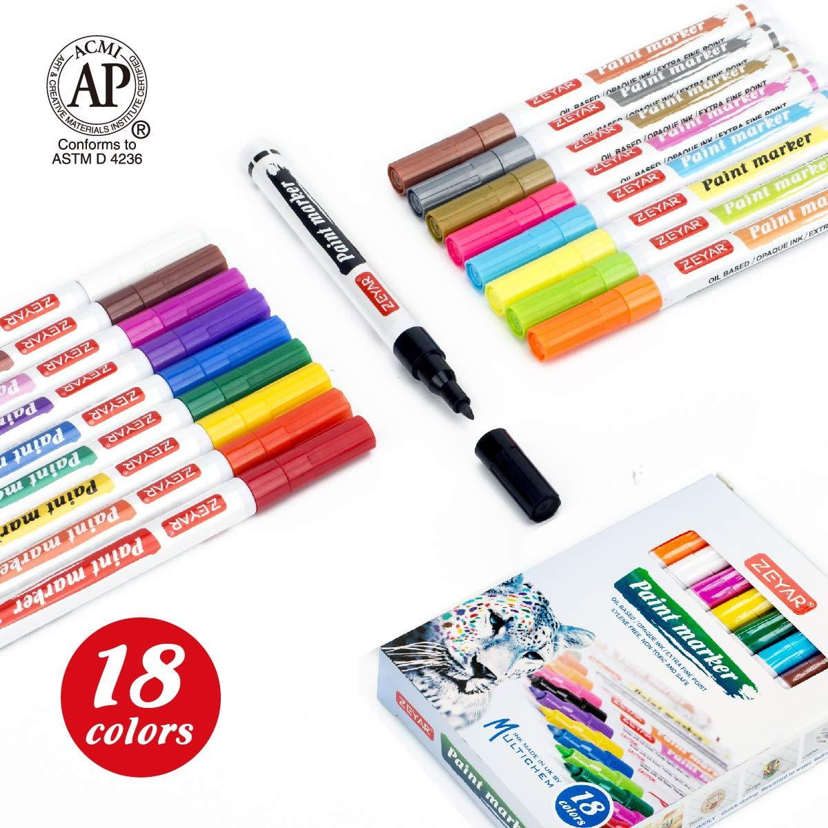 ZEYAR Paint Markers, AP Certified, Extra Fine Point, 18 colors, Permanent &amp; Waterproof ink, Works on Rock, Wood, Glass, Metal and Ceramic and Almost All Surfaces