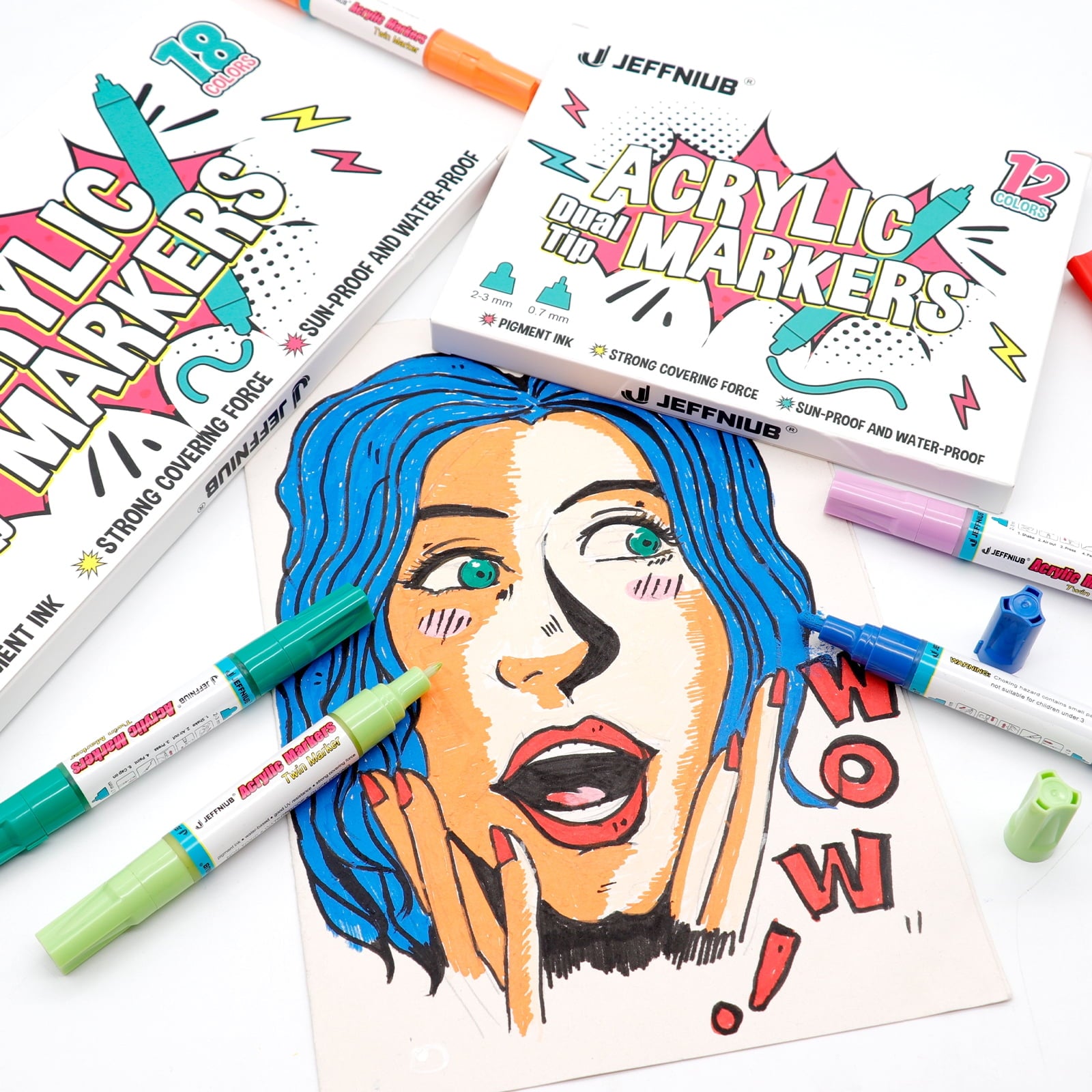 JEFFNIUB Acrylic Paint Pens Dual Tips 2mm-0.7mm, 12 Colors Paint Pens Markers for Rock Painting Glass, Wood, Canvas DIY Drawing