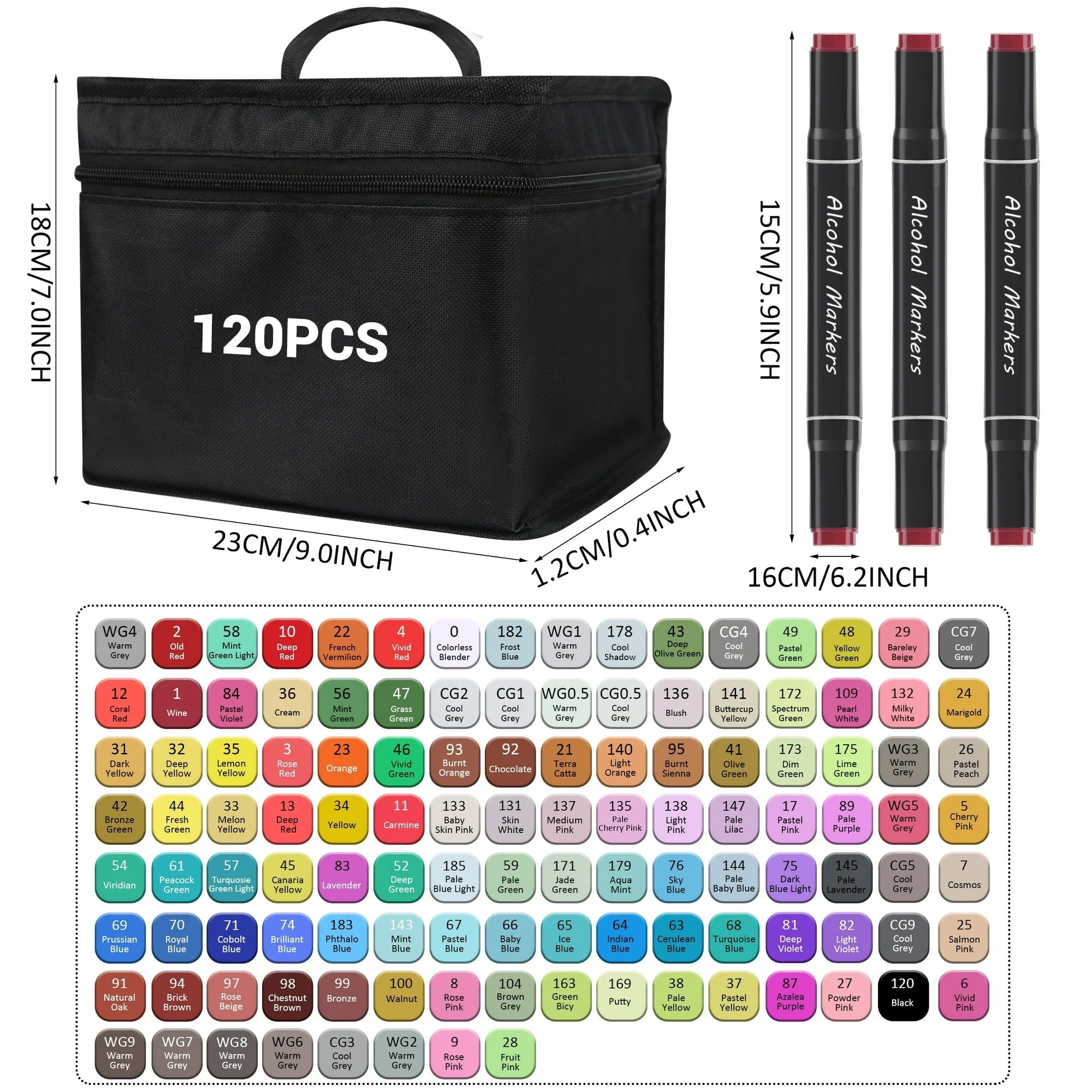 Panbear 120 Colors Alcohol Markers Set with Carrying Case, Dual Tip Point, Assorted Colors, 120 Count