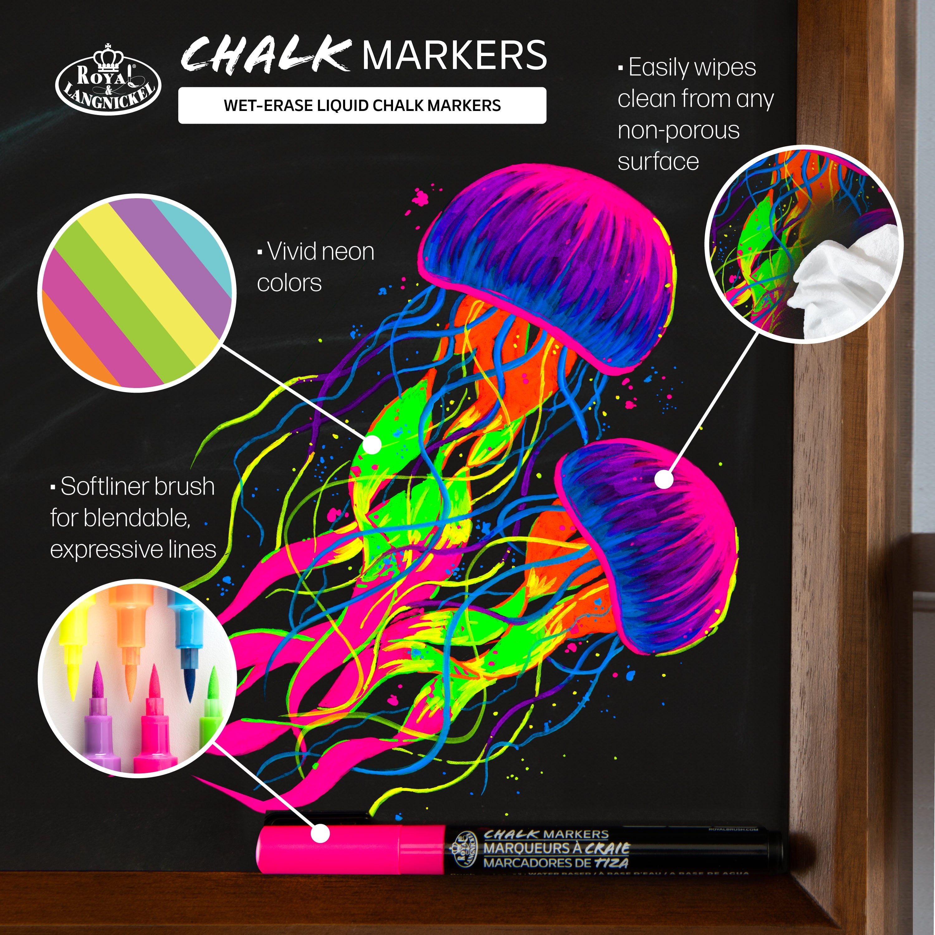 Royal & Langnickel - 6pc Artist Chalk Markers with Brush Tips, Neon Colors