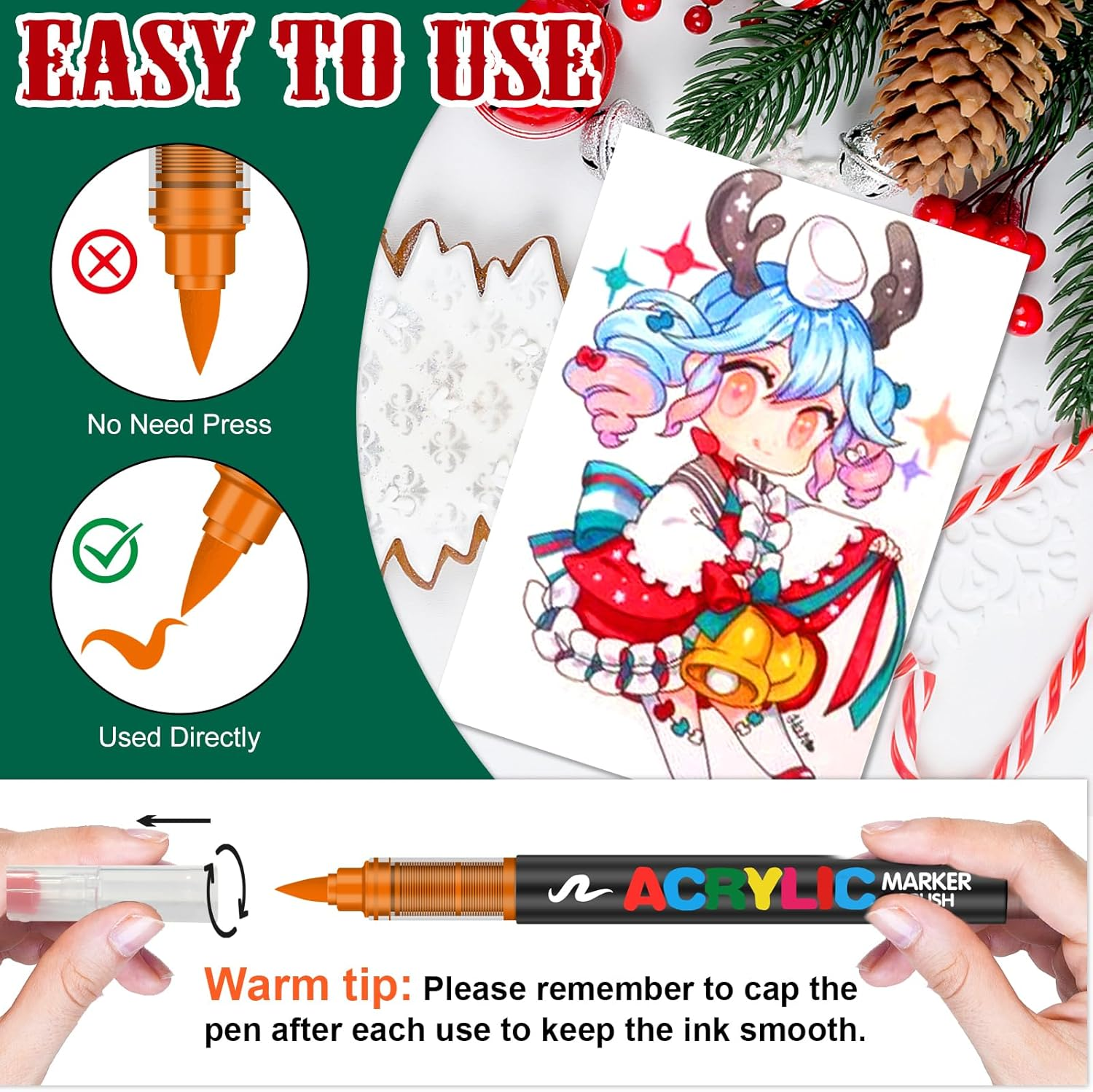 24 Colors Acrylic Paint Markers,Direct Liquid Soft Brush Tip Paint Pens and Paint Markers,Acrylic Paint Pens for Wood,Stone,Canvas,Glass,Fabric,Egg,Rock Painting and DIY Crafts Art Supplies