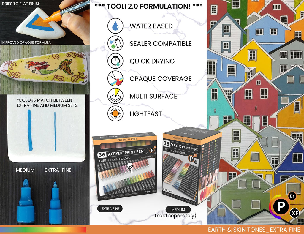 Tooli-Art Acrylic Paint Pens Skin and Earth Tones Marker Set 0.7mm Extra Fine Tip For Rock Painting, Canvas, Most Surfaces with Non-Toxic, Quick Dry Marker Set of 36