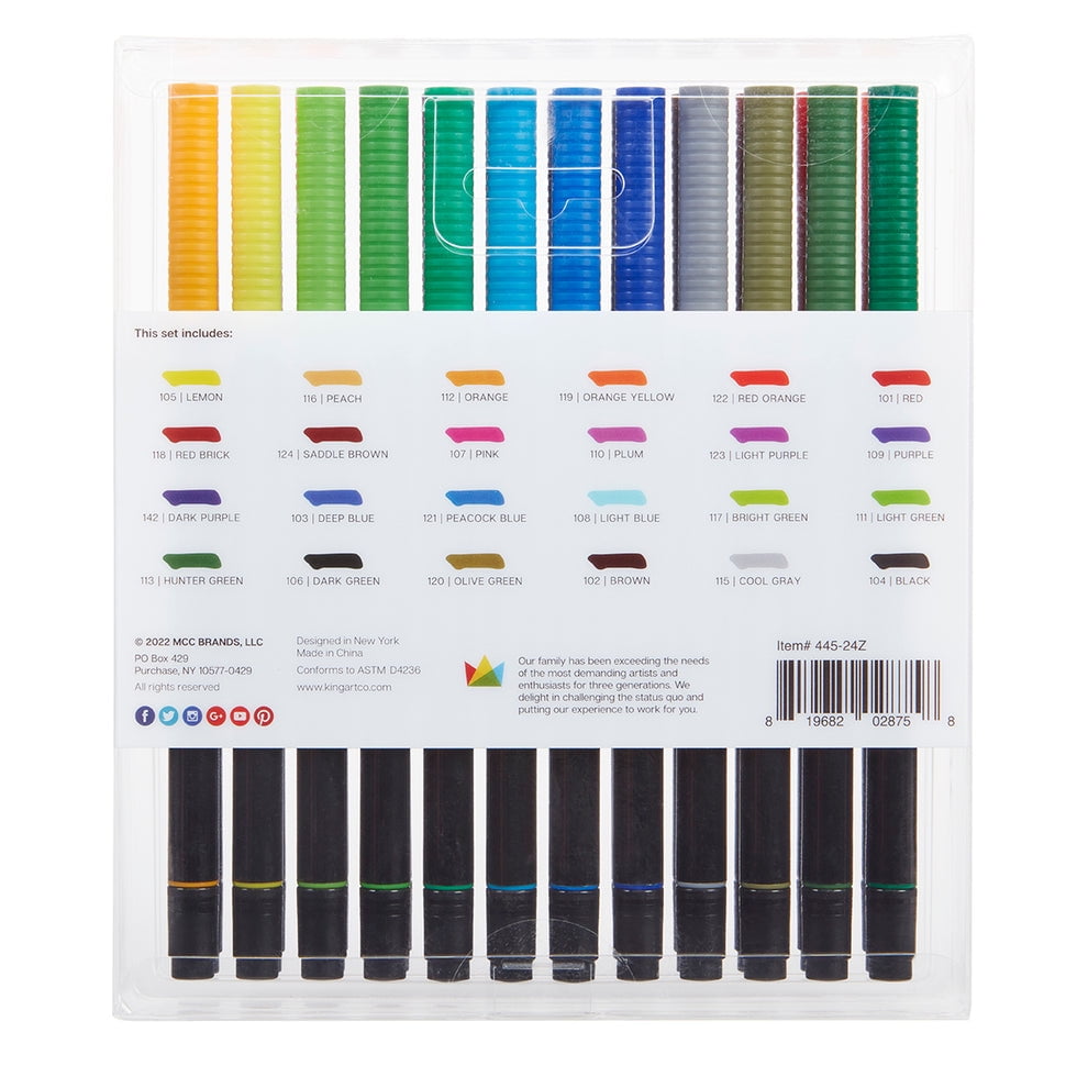 Kingart Pro Twin-Tip 445 Series Brush Pen Art Markers, Set of 24 Unique & Vivid Colors