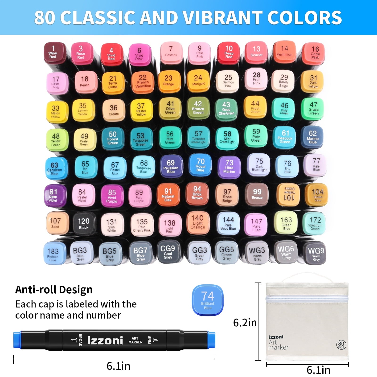 Izzoni 80 Colors Alcohol Markers Set, Dual Tip Coloring, Permanent Art Drawing Marker for Adult Sketching Coloring with Case and Holders