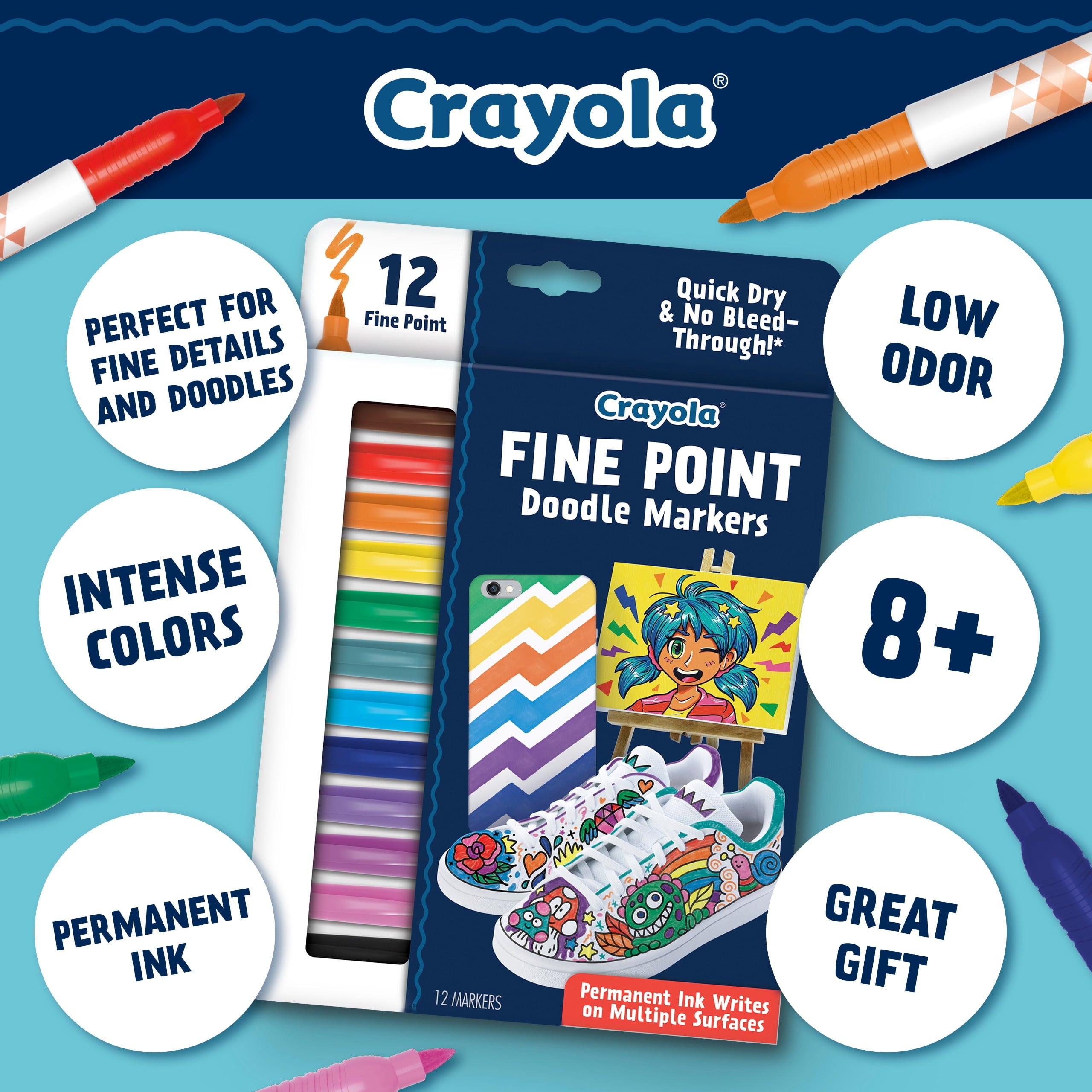 Crayola Fine Point Permanent Markers, Art Markers, Gifts for Teens, 12 Ct