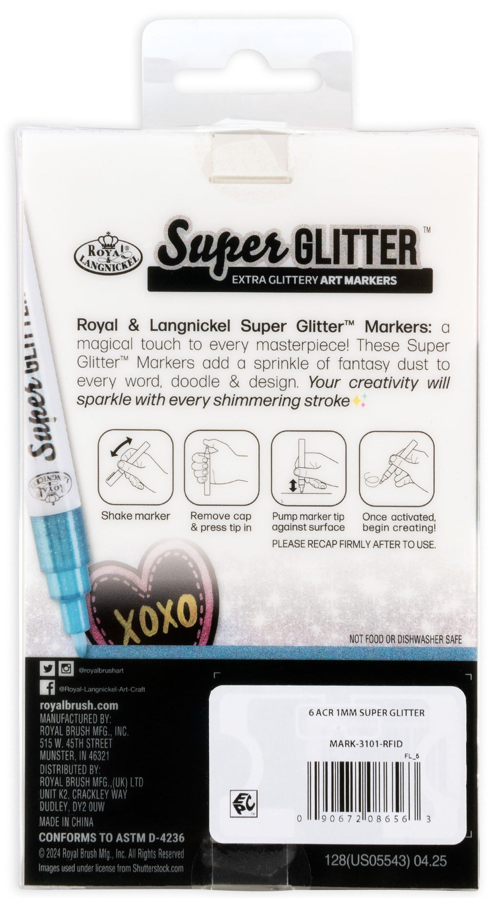 Royal & Langnickel -  6pc 1MM Super Glitter Marker Set, Primary Colors
