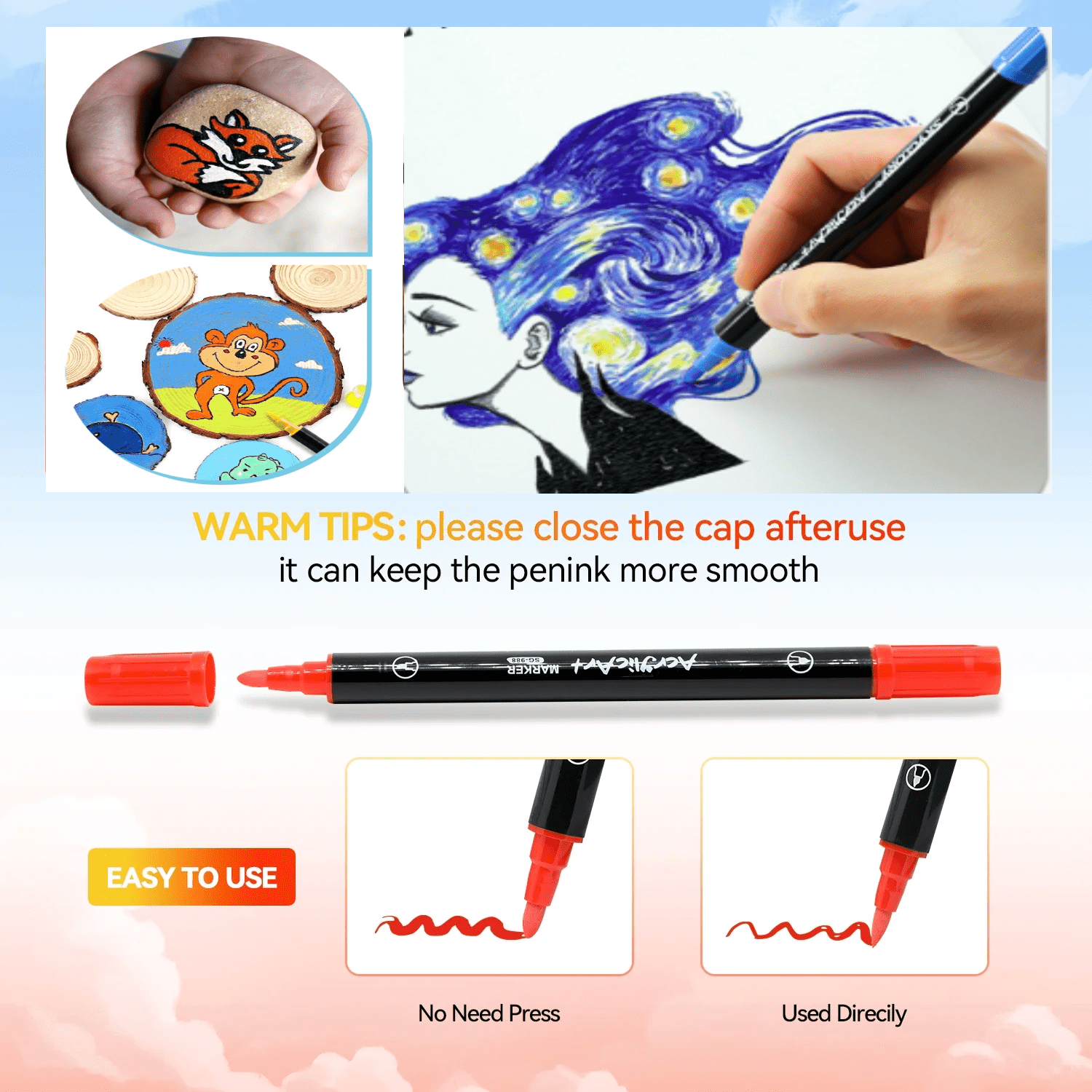 24 Colors Dual Tip Acrylic Paint Markers, Brush Tip and Fine Tip Acrylic Paint Pens for Rock Painting, Ceramic, Wood, Canvas, Plastic, Glass, Stone, Calligraphy, Card Making, DIY Crafts