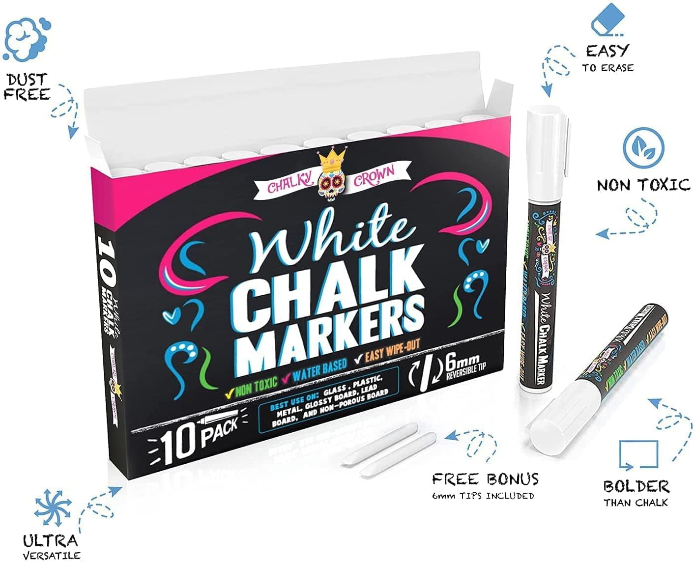 Chalky Crown - Liquid Chalk Markers for Blackboards Sign Window 6mm Rev Tip - White, 10 Packs