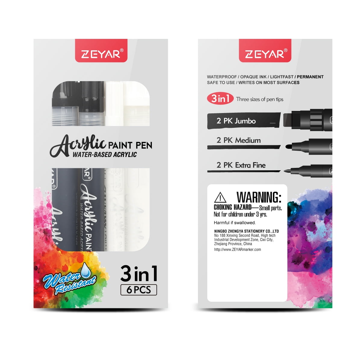 ZEYAR Acrylic Paint Marker Pens, Black & White Colors, 3 Different Point Size per Pack: Extra Fine(0.7-1mm), Medium Bullet Point(2-3mm),Jumbo Felt Tip(10-15mm) (Black & White, Extra fine,Medium,Jumbo)