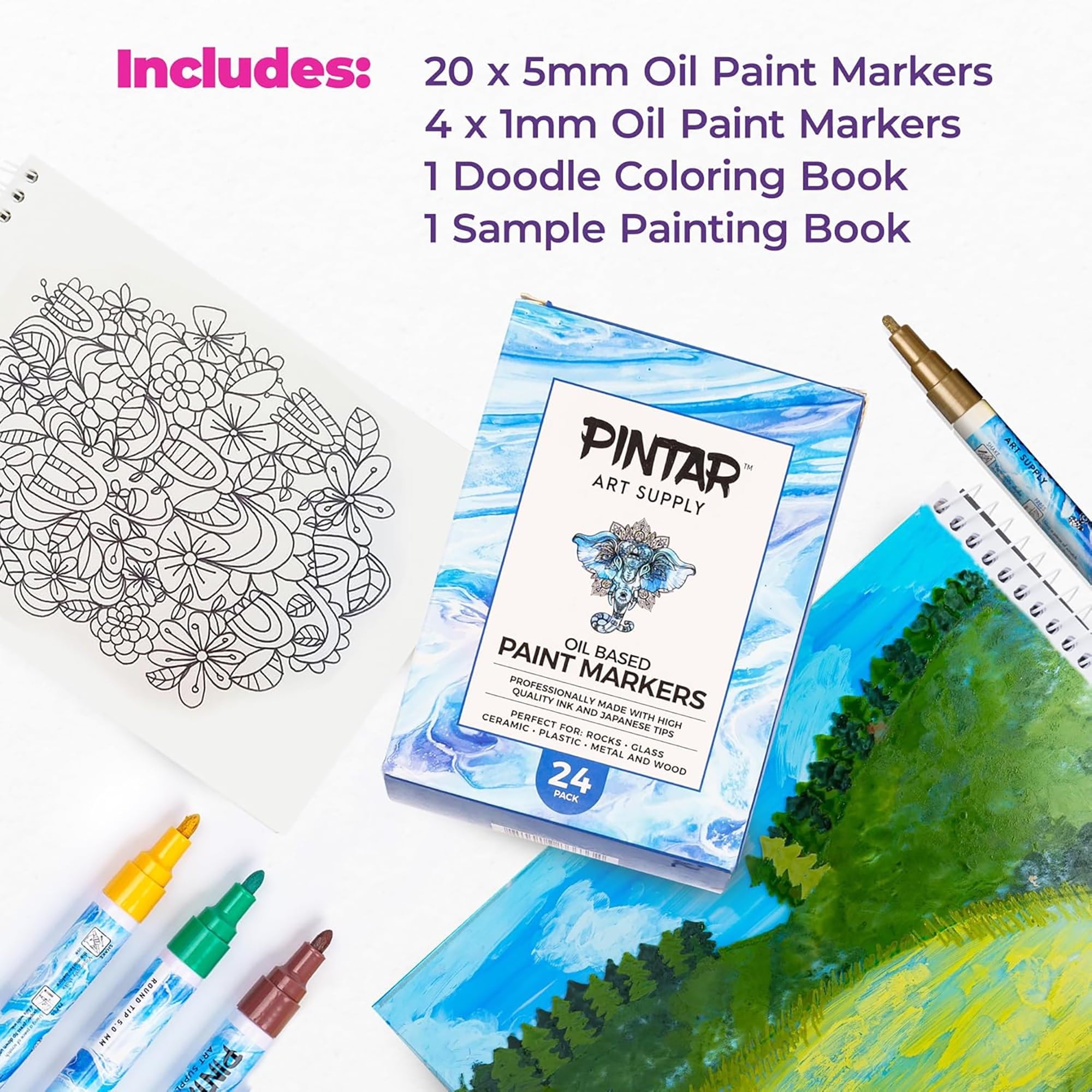 Pintar Art Oil Based Paint Markers Set, Medium & Fine Point, Assorted Colors, 24 Counts