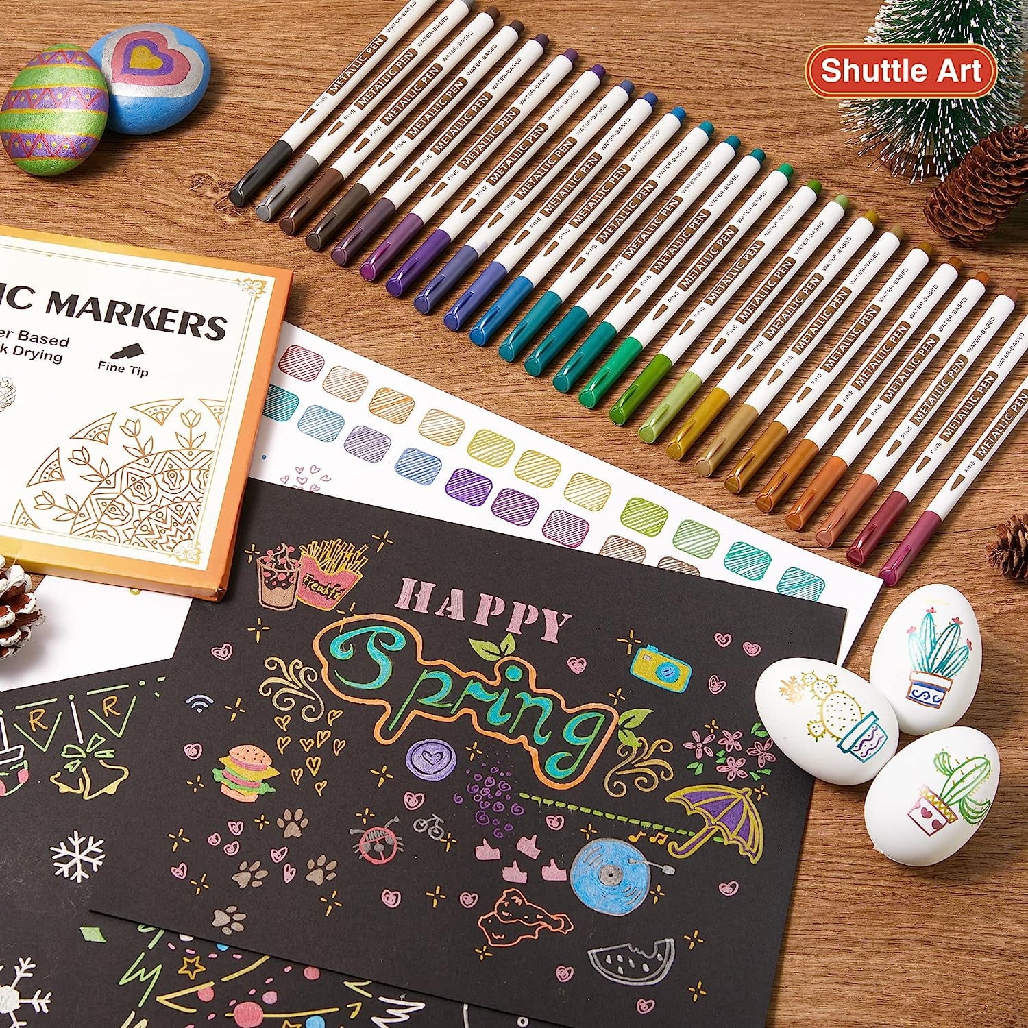 Metallic Marker Pens, Shuttle Art 24 Colors Metallic Paint Markers Fine Point for DIY Card, Calligraphy, Art and Crafting Projects, Works Great on Black Paper, Scrapbooks, Fabric, Rock.