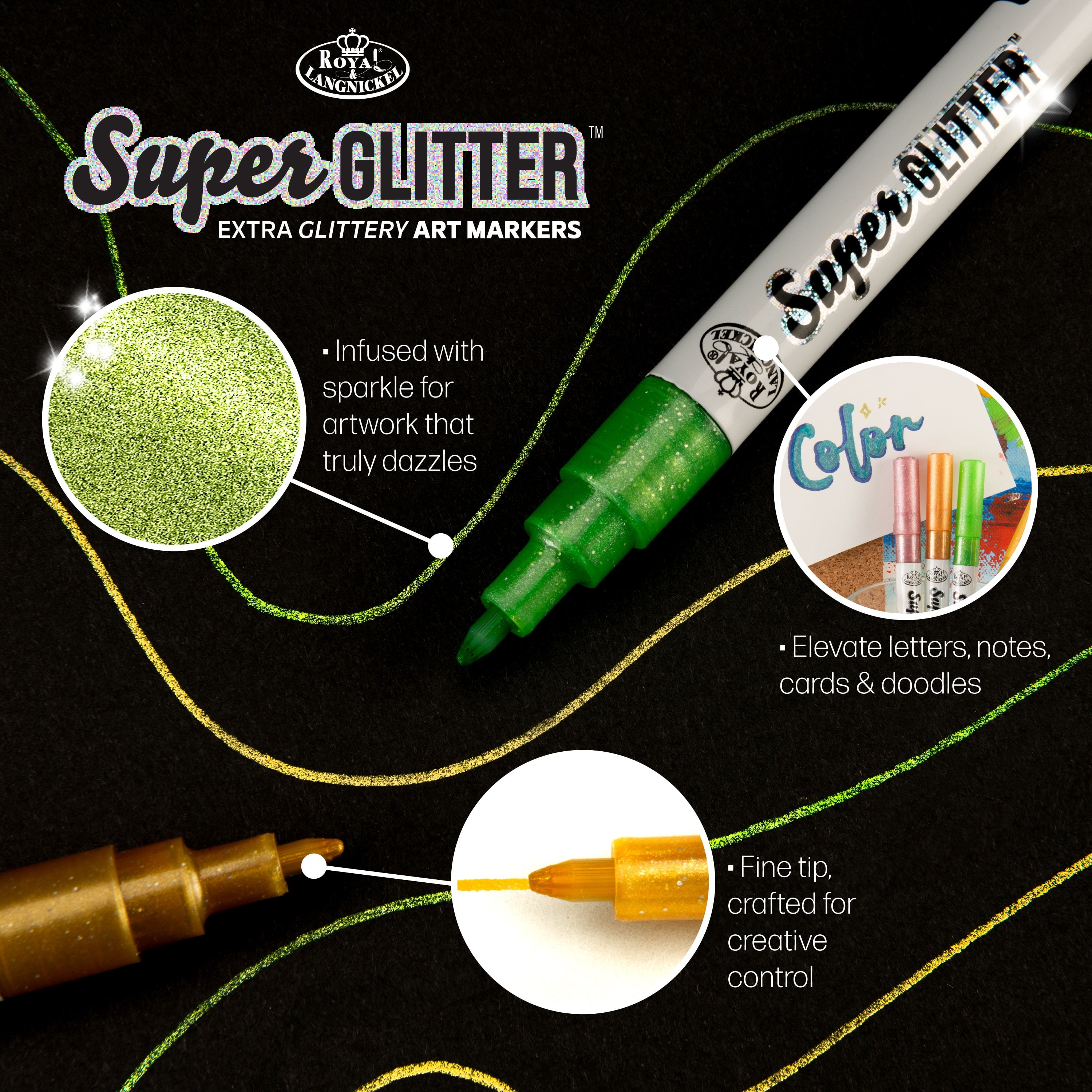 Royal & Langnickel -  6pc 1MM Super Glitter Marker Set, Primary Colors