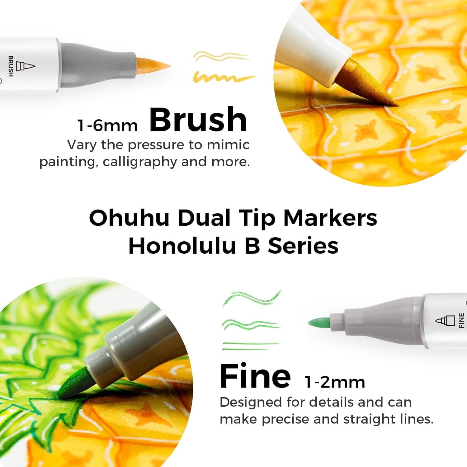 Ohuhu 24 Basic Alcohol Markers, Brush & Fine Tip, with Blender, for Sketching & Illustration, Honolulu B