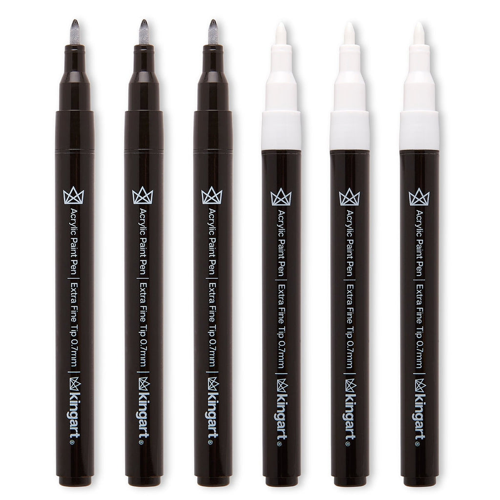 KINGART&reg; PRO Extra Fine Point Acrylic Paint Pen Markers, Black & White, Set of 6 (3 each)